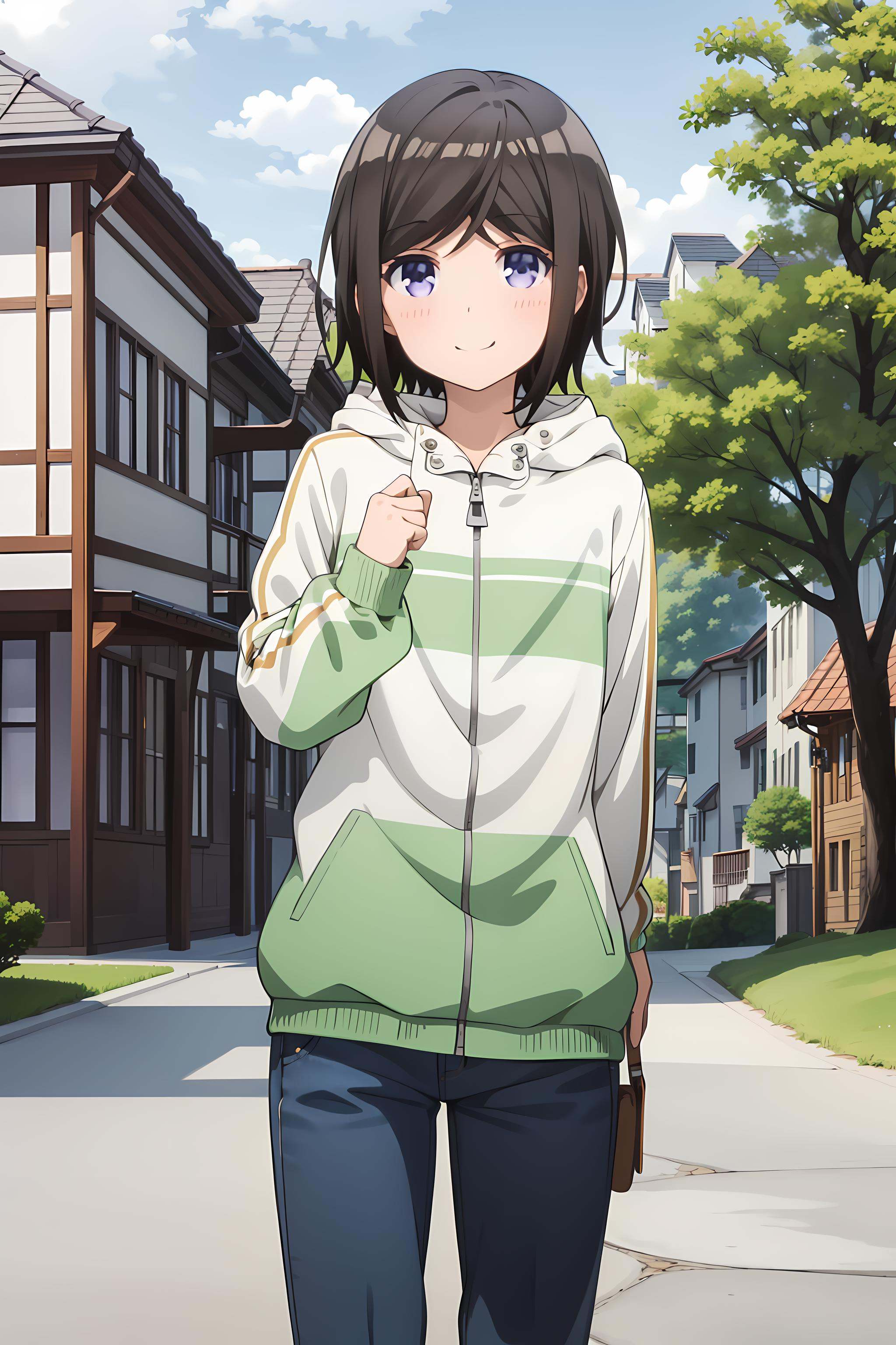 best quality, masterpiece, detailed,<lora:ImoutoSaeIrebaIi_HashimaChihiro:0.9>, HashimaChihiro,solo, closed mouth, smile,short hair, brown hair, purple eyes,ChihiroCasual, jacket, hood, pants, denim,standing, looking at viewer,outdoors, street, house, day, tree