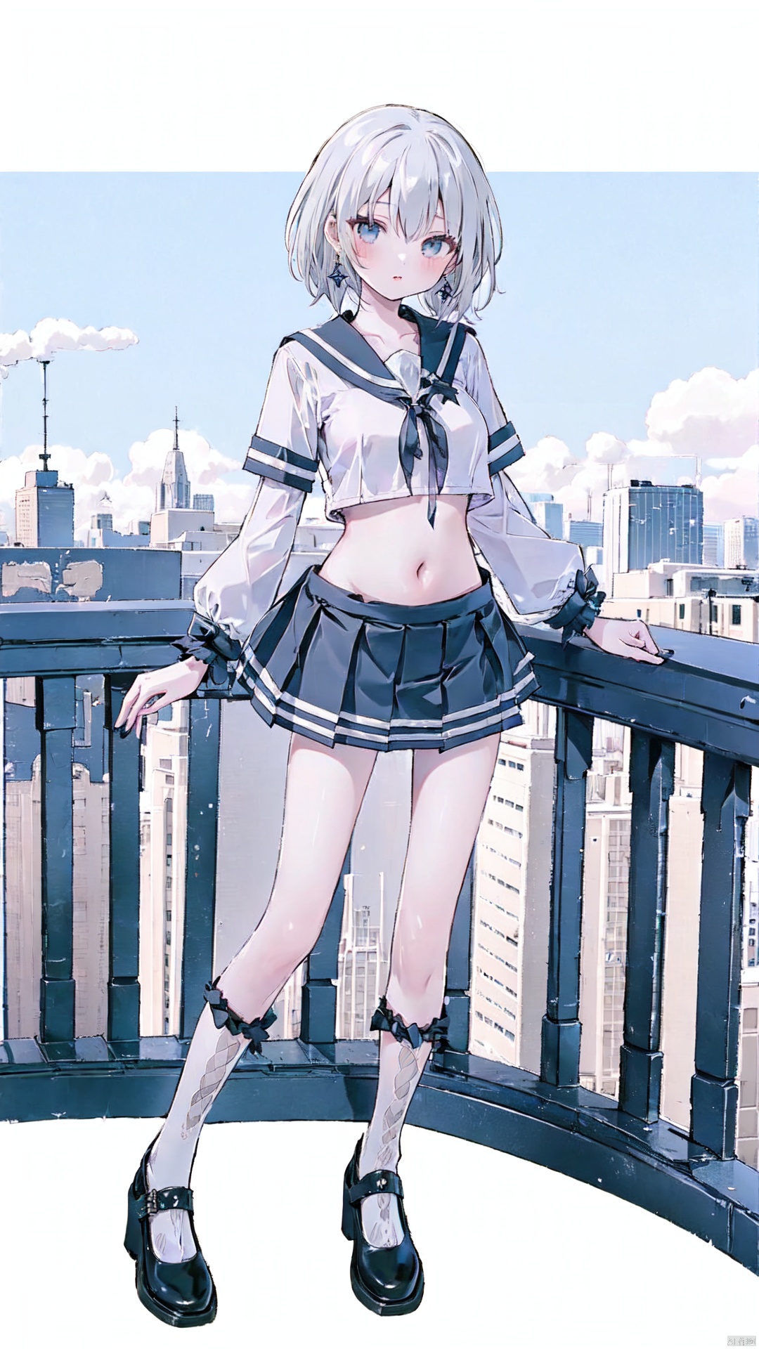  1girl,(full body), (long legs), earrings,standing,high heels,,city,street, hair stick,vivid,colorful, bare belly,minisailor, bowknot socks,black,( figma:0.8)