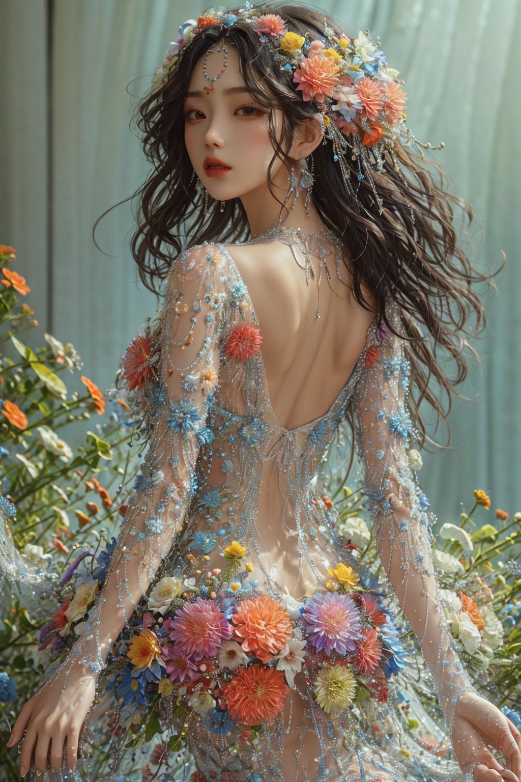 back portrait,  woman wearing silver transparent reflective cutout dress with beaded decorations,  beaded flower decoratio...