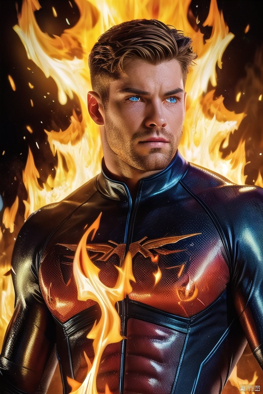 1man, auburn hair, fair skin, hero bodysuit, glowing eyes, beautiful amber eyes, (hyperdefined), natural bright colours, unusual-angle, artwork, flames, steam, complex lighting,(fine-details:1.2), absurdres, flat-colors, ultradetailed, swirling flames around man,, best quality, masterpiece, realistic, cinematic composition, (detailed background), depth of field, intricate details, 8k, detailed skin texture, detailed face, realistic eyes, male focus, photo of a man,
