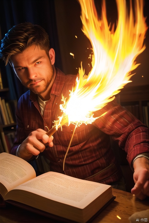 1 boy,{{Floating Fire Magic Spell and a burst of flam}},book,looking at viewer,close-up, cowboy shot,cinematic lighting, volume lighting, light particlestachie,dynamic angle ,ray tracing,, best quality, amazing quality, very aesthetic, absurdres
