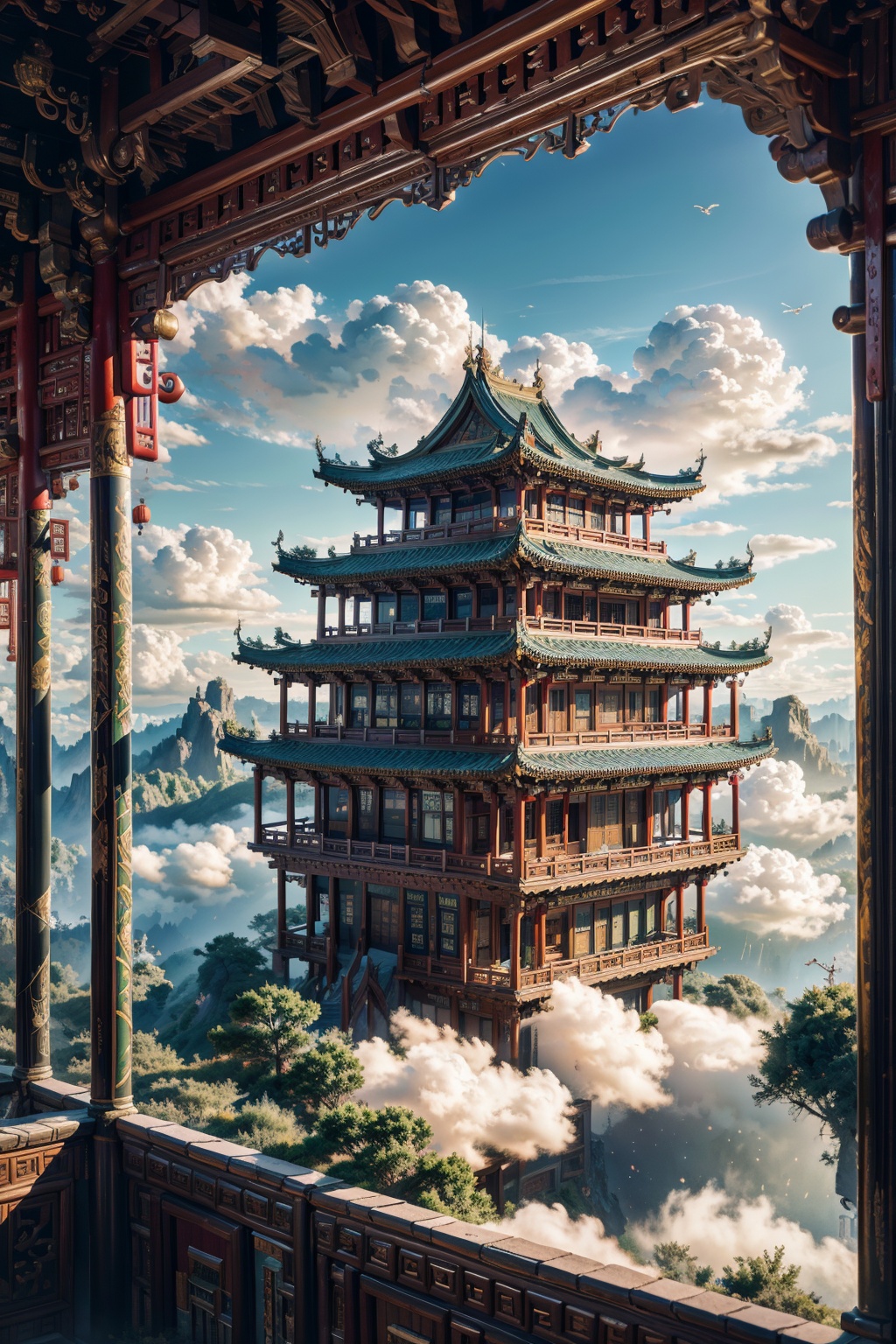 (masterpiece:1.2),best quality,highres,extremely detailed CG,perfect lighting,8k wallpaper,photograph,photorealistic,chinese architecture,fantasy,sky,<lora:FF_20240110192137-000007:0.7>,