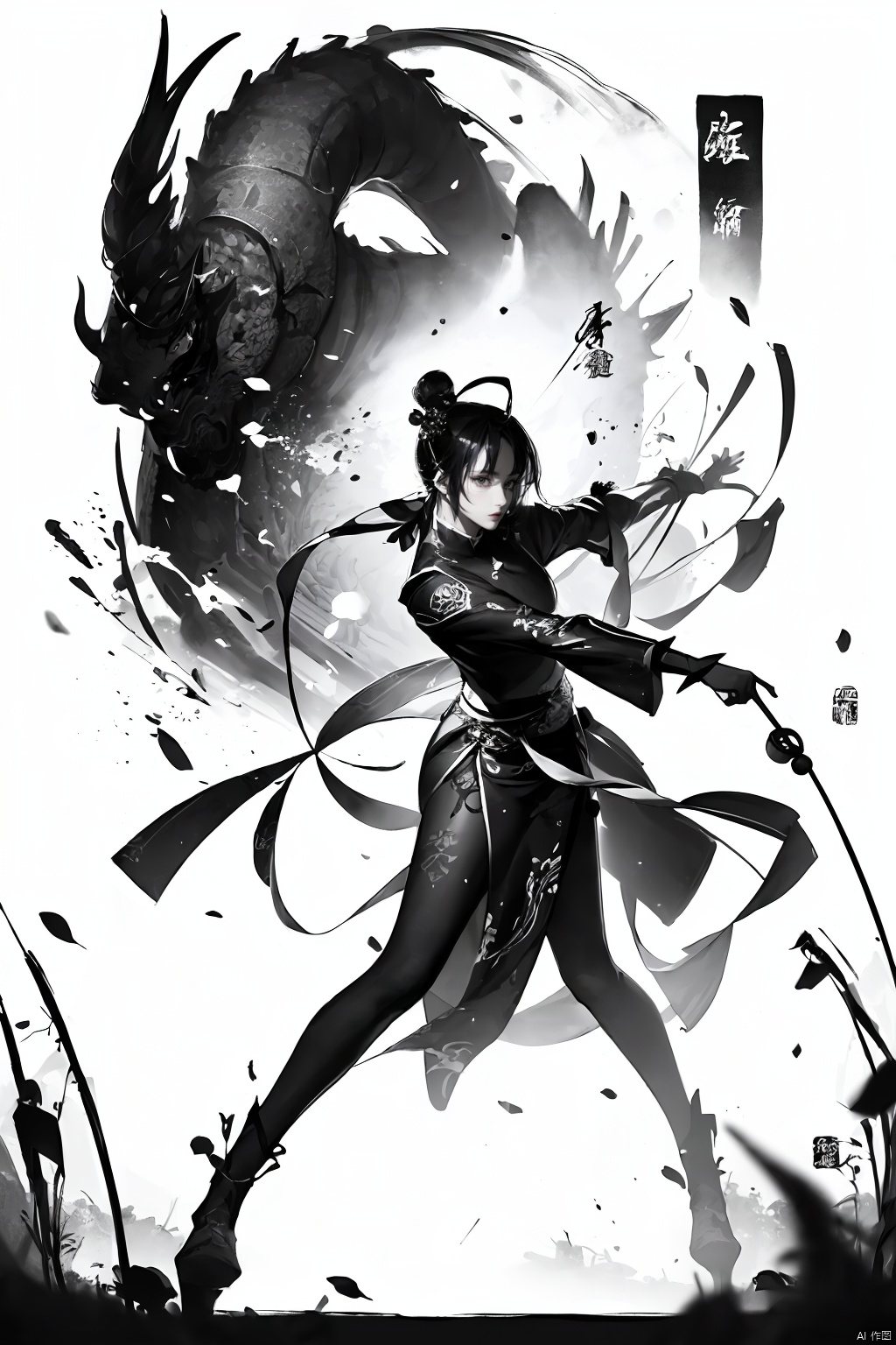  A girl, Chinese style, knight-errant, elegant long skirt, martial arts, Keywords ink bamboo, bamboo forest,with pieces of ink bamboo behind her, all taken, Ink scattering_Chinese style, Anime, yjmonochrome