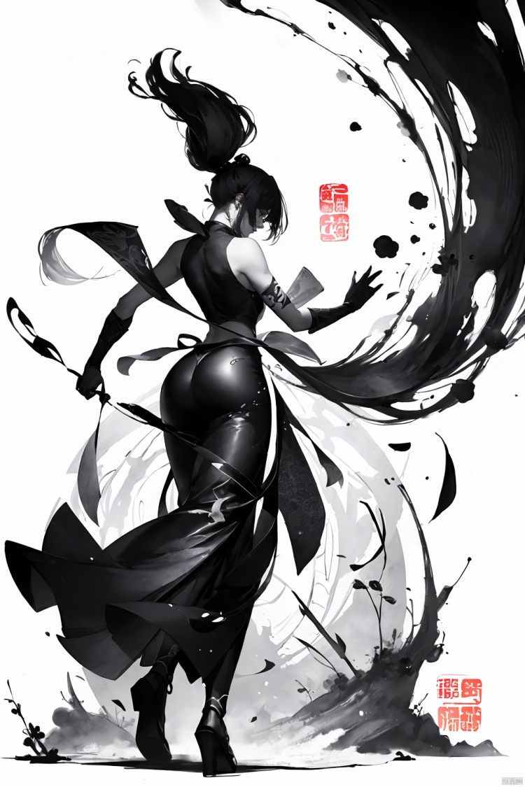  A girl, Chinese style, knight-errant, elegant long skirt, martial arts, Keywords ink bamboo, bamboo forest,with pieces of ink bamboo behind her, all taken, Ink scattering_Chinese style, Anime, yjmonochrome