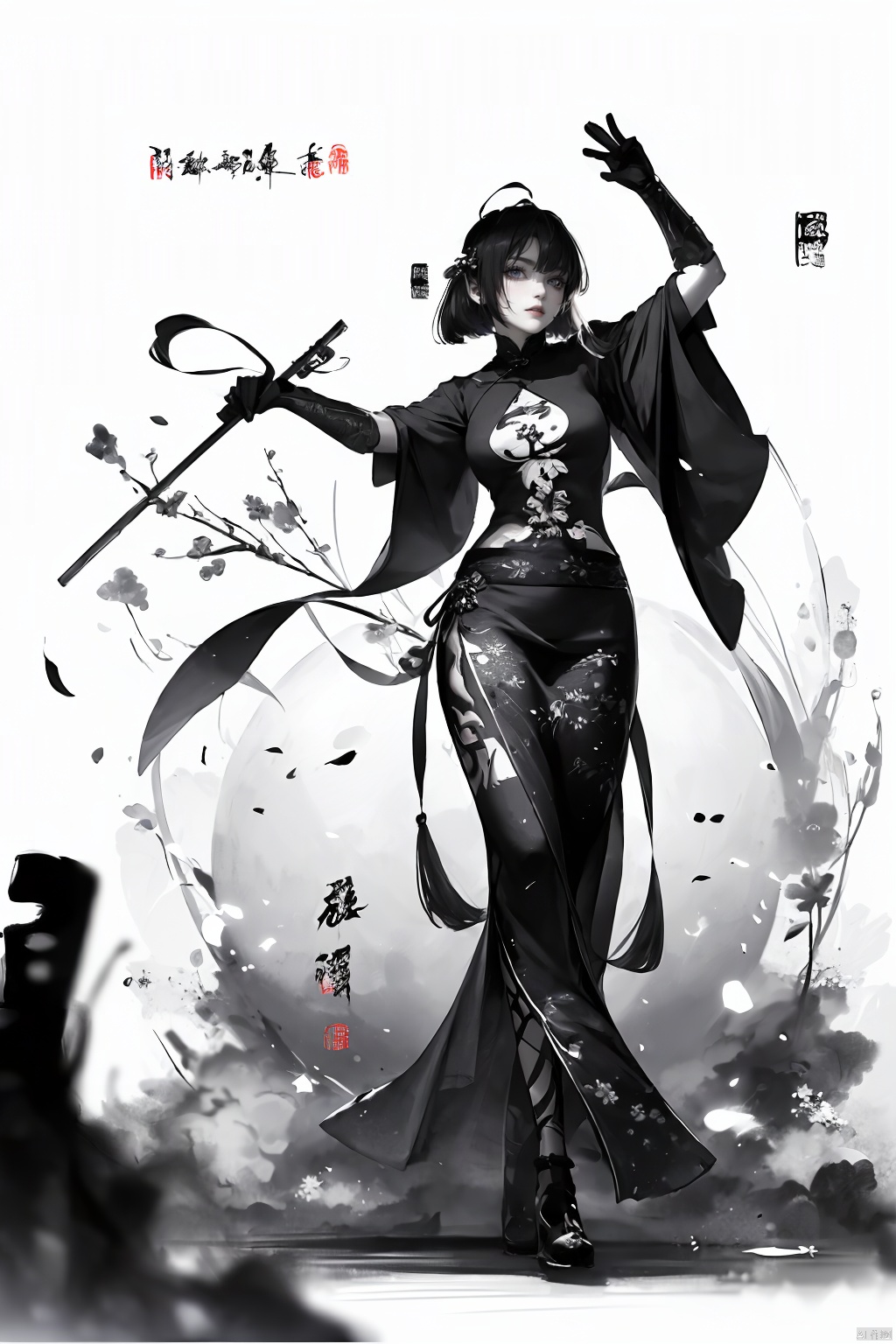  A girl, Chinese style, knight-errant, elegant long skirt, martial arts, Keywords ink bamboo, bamboo forest,with pieces of ink bamboo behind her, all taken, Ink scattering_Chinese style, Anime, yjmonochrome