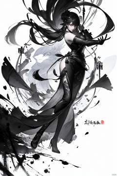  A girl, Chinese style, knight-errant, elegant long skirt, martial arts, Keywords ink bamboo, bamboo forest,with pieces of ink bamboo behind her, all taken, Ink scattering_Chinese style, Anime, yjmonochrome