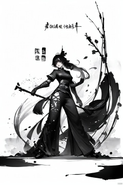  A girl, Chinese style, knight-errant, elegant long skirt, martial arts, Keywords ink bamboo, bamboo forest,with pieces of ink bamboo behind her, all taken, Ink scattering_Chinese style, Anime, yjmonochrome