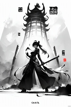  A girl, Chinese style, knight-errant, elegant long skirt, martial arts, Keywords ink bamboo, bamboo forest,with pieces of ink bamboo behind her, all taken, Ink scattering_Chinese style, Anime, yjmonochrome