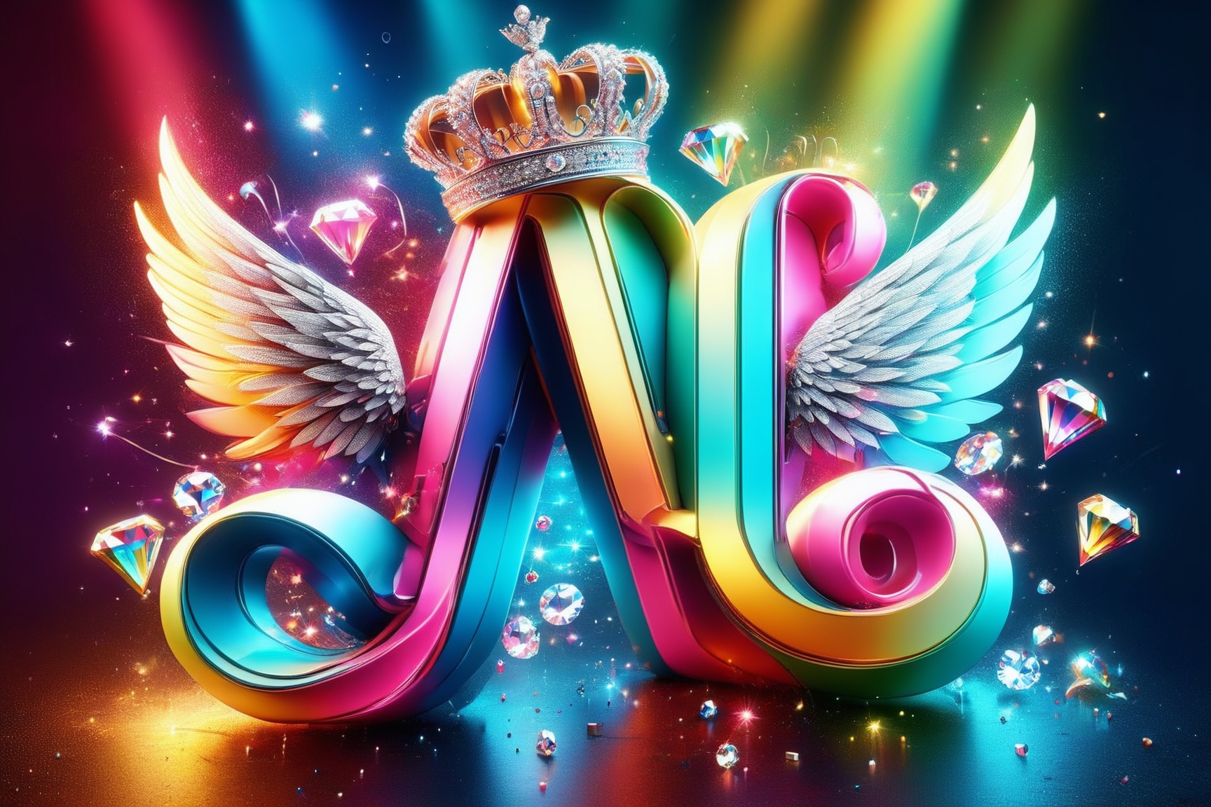 Elegant 3D typography with the name." W"with an elegant crown and fine diamonds with sparkles of bright colors and angel wings, photo, typography, vibrantv0.1, graffiti, illustration, photo, product, fashion, poster