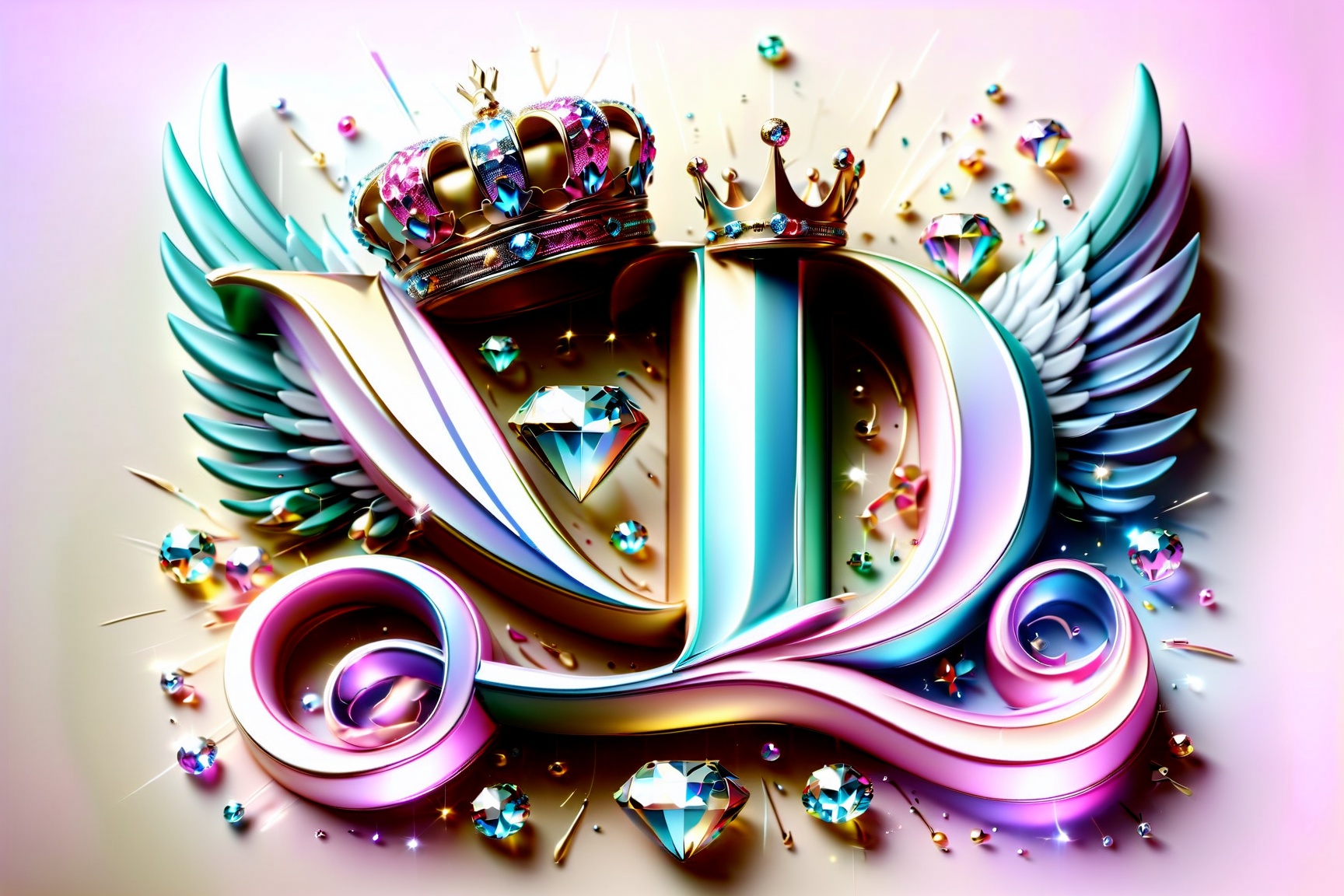 Elegant 3D typography with the name." CREATIVE "with an elegant crown and fine diamonds with sparkles of bright colors and angel wings, photo, typography, vibrantv0.1, graffiti, illustration, photo, product, fashion, poster