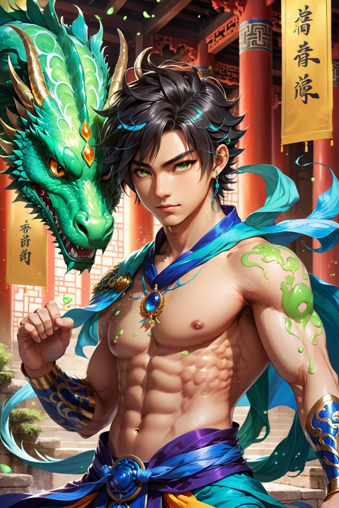 anime style,  ultra detailed illustration of a half dragon boy with defined muscles,  wearing tang dynasty clothes on Tens...
