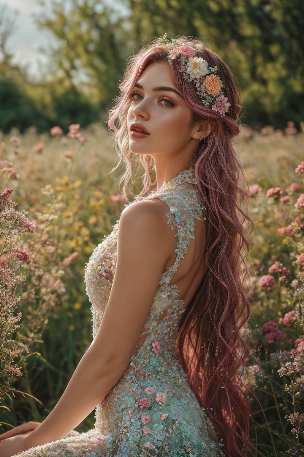 1girl with long pink hair sitting in a field of green plants and flowers,  her hand under her chin,  warm lighting on Tens...