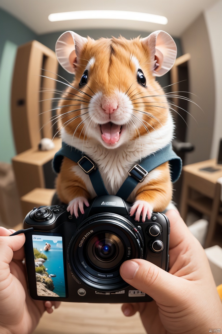  Hamster, A hamster holding a camera, smiling and taking a selfie, anthropomorphic, in a real-life setting, with a fisheye perspective. (best quality, realistic), ultra-detailed, vivid colors, studio lighting, sharp focus, playful expression