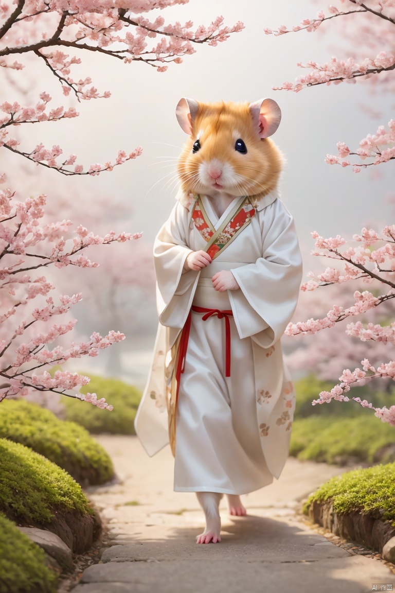  Hamster,Hamster,（ the hamster in the luxurious Hanfu）, walks in a beautiful scenery, the cherry blossoms fall, the world is so beautiful, Micro landscape, chineseclothes