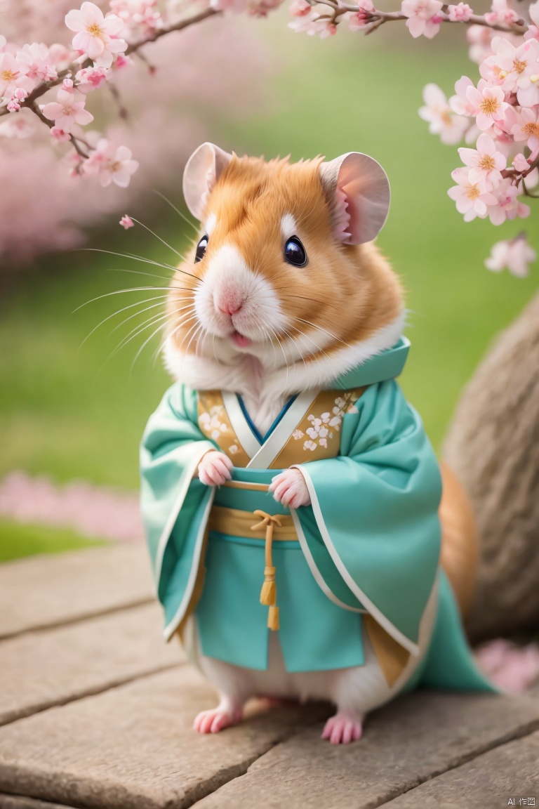  Hamster,Hamster,（ the hamster in the luxurious Hanfu）, walks in a beautiful scenery, the cherry blossoms fall, the world is so beautiful, Micro landscape, chineseclothes