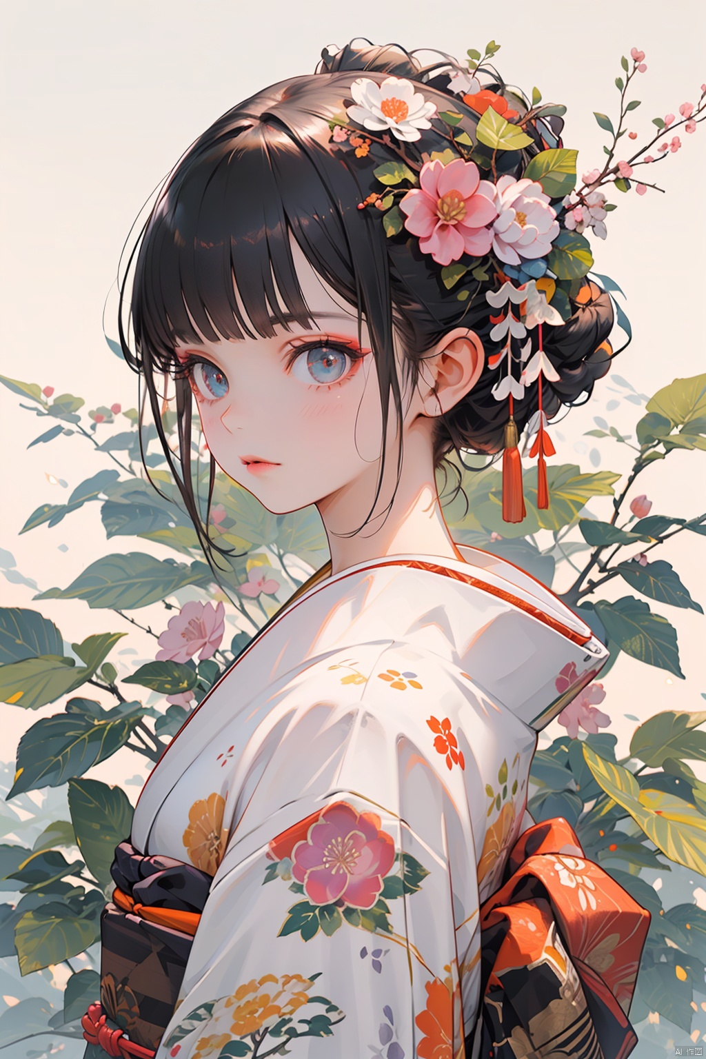 Ukiyo-e style, 1girl, solo, hair ornament, flower, japanese clothes, kimono, hair flower, floral print, looking at viewer, upper body, bangs, black hair, white kimono, leaf, from side, closed mouth, hair bun, white flower, blush, looking to the side, sash, print kimono, pink flower, obi, bow, blue eyes, single hair bun, simple background, makeup, tassel, lips, kanzashi, blunt bangs, branch