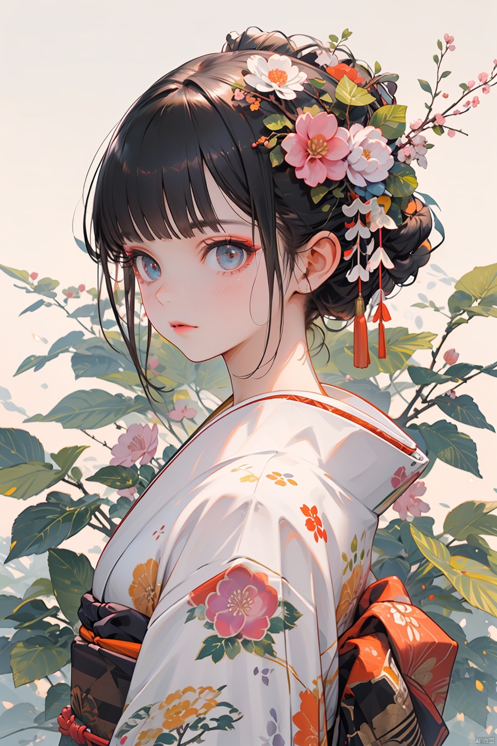 Ukiyo-e style, 1girl, solo, hair ornament, flower, japanese clothes, kimono, hair flower, floral print, looking at viewer, upper body, bangs, black hair, white kimono, leaf, from side, closed mouth, hair bun, white flower, blush, looking to the side, sash, print kimono, pink flower, obi, bow, blue eyes, single hair bun, simple background, makeup, tassel, lips, kanzashi, blunt bangs, branch