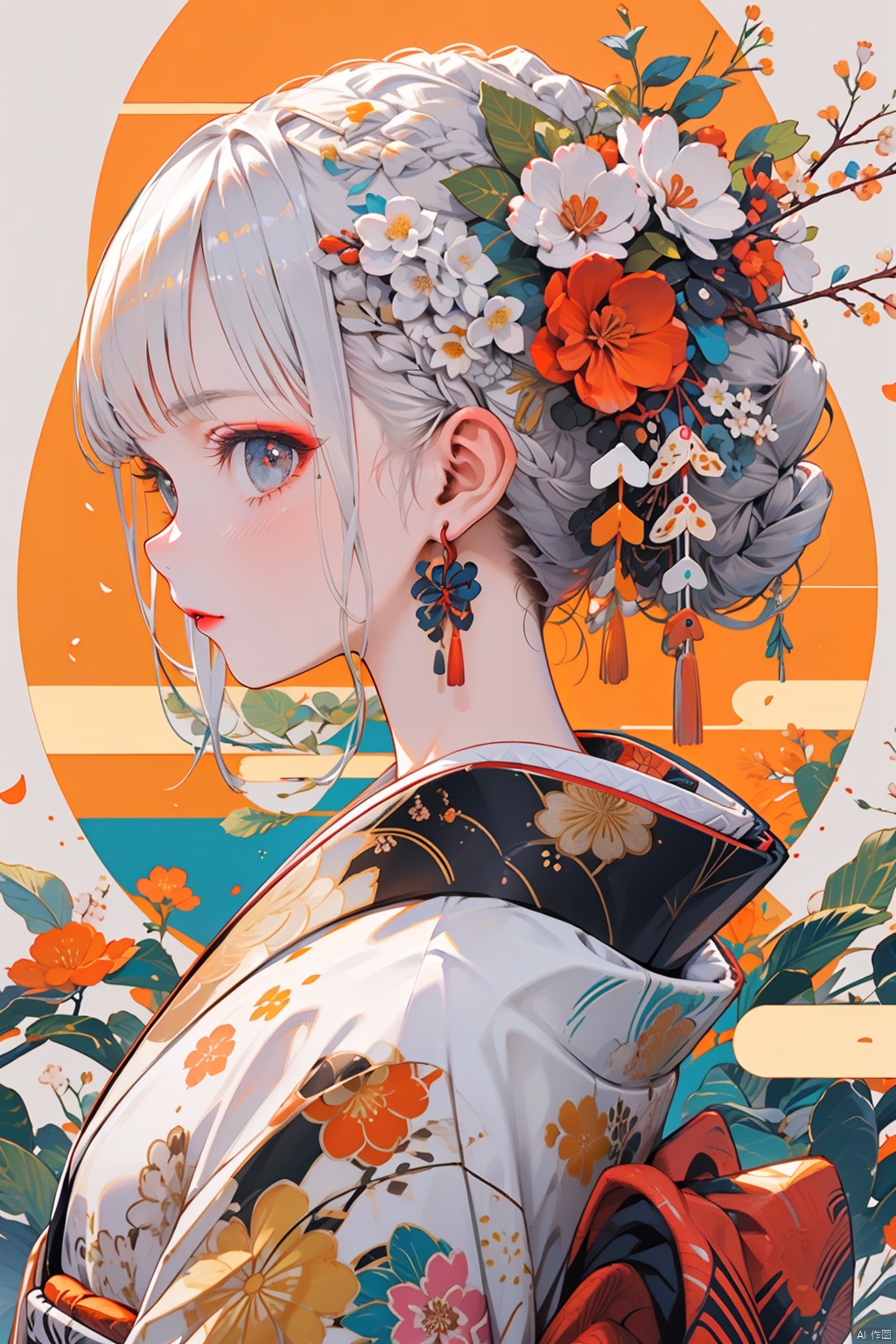 Ukiyo-e style, 1girl, solo, flower, white flower, braid, japanese clothes, kimono, hair ornament, white hair, hair flower, earrings, floral print, looking at viewer, upper body, jewelry, makeup, bangs, print kimono, orange flower, red flower, from side, blush, profile, grey eyes, eyeshadow, red lips, white kimono, egasumi