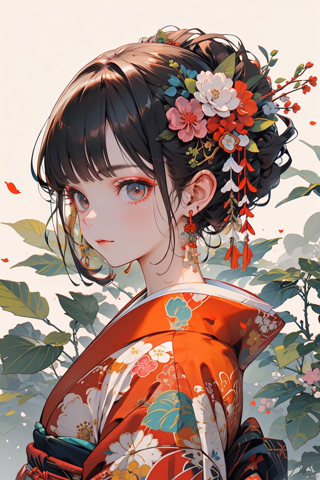 Ukiyo-e style, 1girl, solo, hair ornament, jewelry, flower, earrings, japanese clothes, kimono, hair flower, looking at viewer, bangs, upper body, red kimono, black hair, floral print, from side, simple background, red flower, leaf, white flower, closed mouth, looking to the side, makeup, print kimono, sash, short hair, brown eyes, obi, hair bun, blush, single hair bun, kanzashi