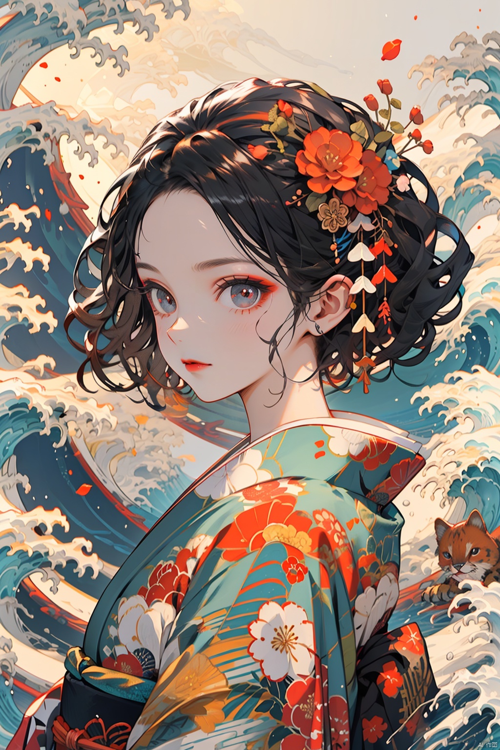 Ukiyo-e style, 1girl, solo, kimono, japanese clothes, black hair, hair ornament, sash, hair flower, waves, obi, looking at viewer, flower, makeup, upper body, water, red lips, short hair, eyeshadow, print kimono, red flower, kanzashi, animal print, floral print, lipstick, closed mouth, from side