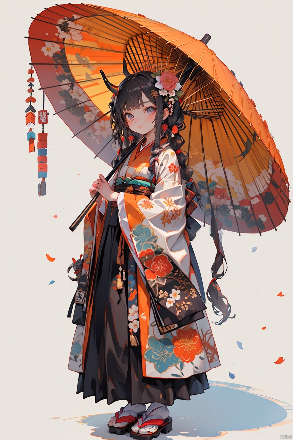 Ukiyo-e style, 1girl, solo, long hair, umbrella, hair ornament, braid, horns, japanese clothes, hair flower, twin braids, very long hair, black hair, full body, flower, holding, looking at viewer, kimono, standing, blush, floral print, wide sleeves, long sleeves, smile, holding umbrella, tabi, simple background, bangs, closed mouth, skirt, grey background, twintails, socks, single horn, sandals, oil-paper umbrella