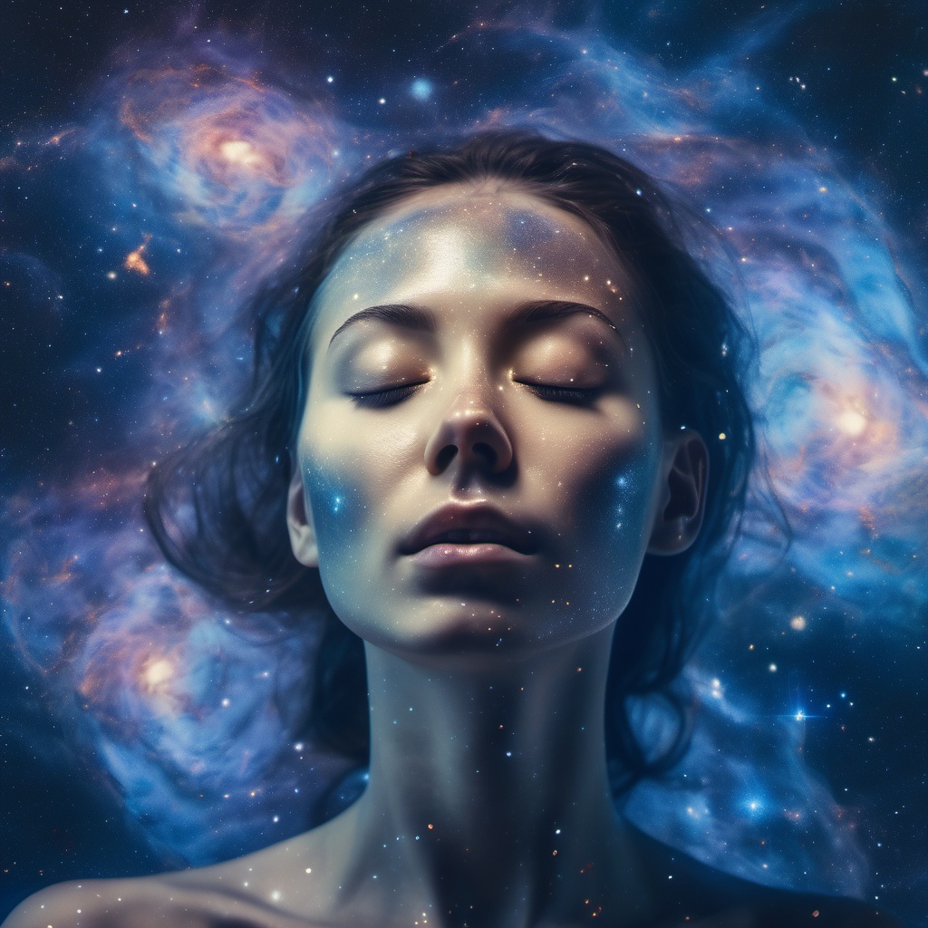 a close up of a woman's face with her eyes closed,  nebula background,  5 0 0 px models on Tensor.Art