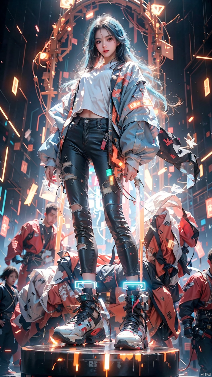  1 girl, loose clothes, (holding a samurai sword) (,blue eyes, three-dimensional facial features, big eyes, light makeup, lying silkworm), (loli height, standing on a mirrored stage, full body photo), (overhead view), (workwear pants, clothing - street hip-hop), (exquisite masterpiece), (holographic projection), (cyberpunk style), (mechanical modular background), (Luminous circuit) (Flashing neon light) (Blue illuminated background) (Background blurring treatment), Light-electric style,shining, yiwenrudao\(xiuxian\)