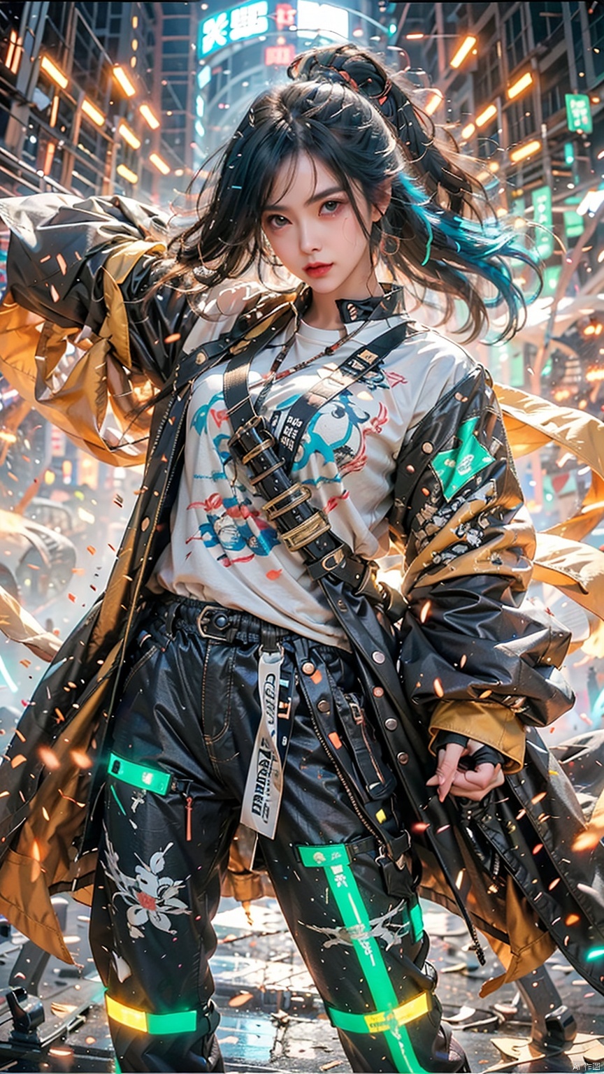  1 girl, loose clothes, (holding a samurai sword) (,blue eyes, three-dimensional facial features, big eyes, light makeup, lying silkworm), (loli height, standing on a mirrored stage, full body photo), (overhead view), (workwear pants, clothing - street hip-hop), (exquisite masterpiece), (holographic projection), (cyberpunk style), (mechanical modular background), (Luminous circuit) (Flashing neon light) (Blue illuminated background) (Background blurring treatment), Light-electric style,shining, yiwenrudao\(xiuxian\)