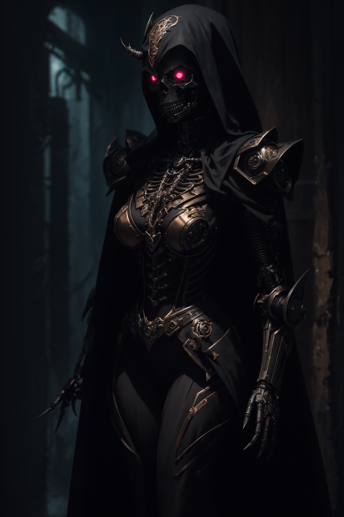 (Very detailed 8K wallpaper),  A masterfully detailed portrait of a sinister necromancer full body,  their face shrouded i...
