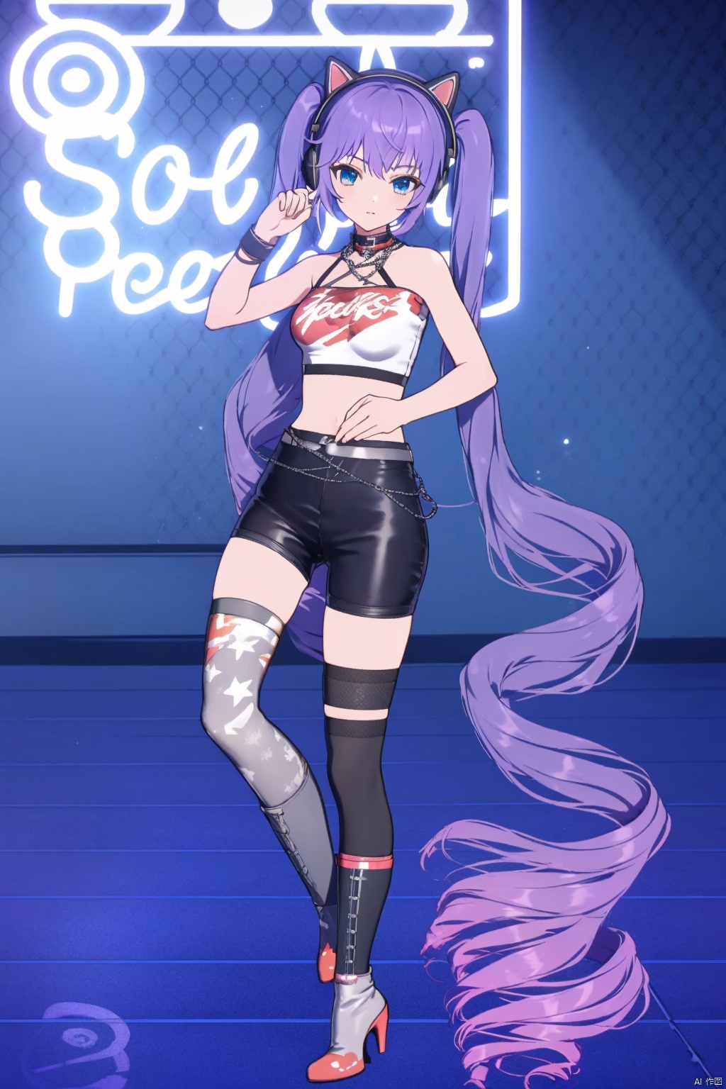  1girl, solo, long hair, thighhighs, shorts, very long hair, boots, animal ears, black shorts, high heels, fence, white footwear, twintails, high heel boots, headphones, fake animal ears, black thighhighs, full body, breasts, chain-link fence, crop top, looking at viewer, short shorts, purple hair