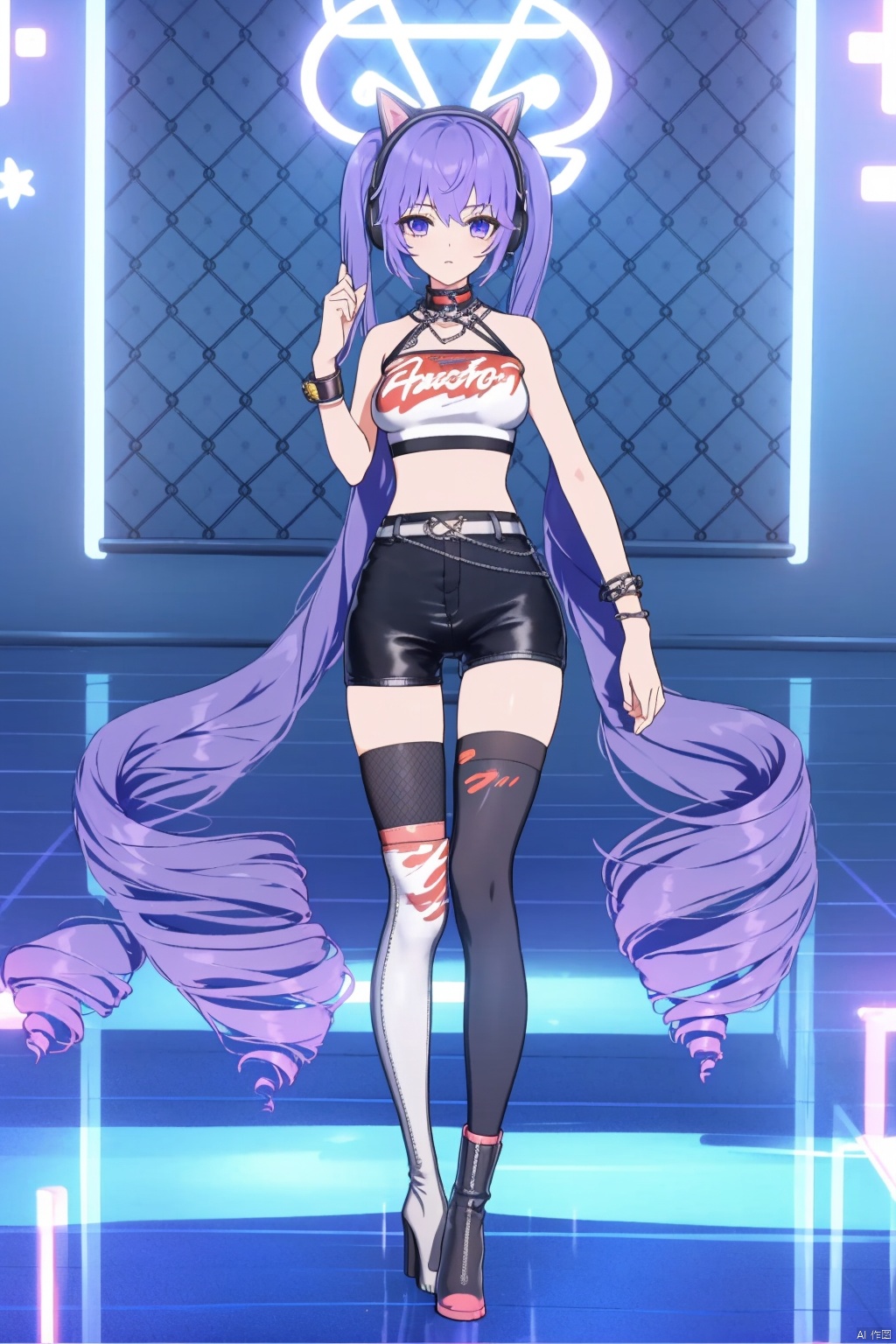 1girl, solo,standing, long hair, thighhighs, shorts, very long hair, boots, animal ears, black shorts, high heels, fence, white footwear, twintails, high heel boots, headphones, fake animal ears, black thighhighs, full body, breasts, chain-link fence, crop top, looking at viewer, short shorts, purple hair