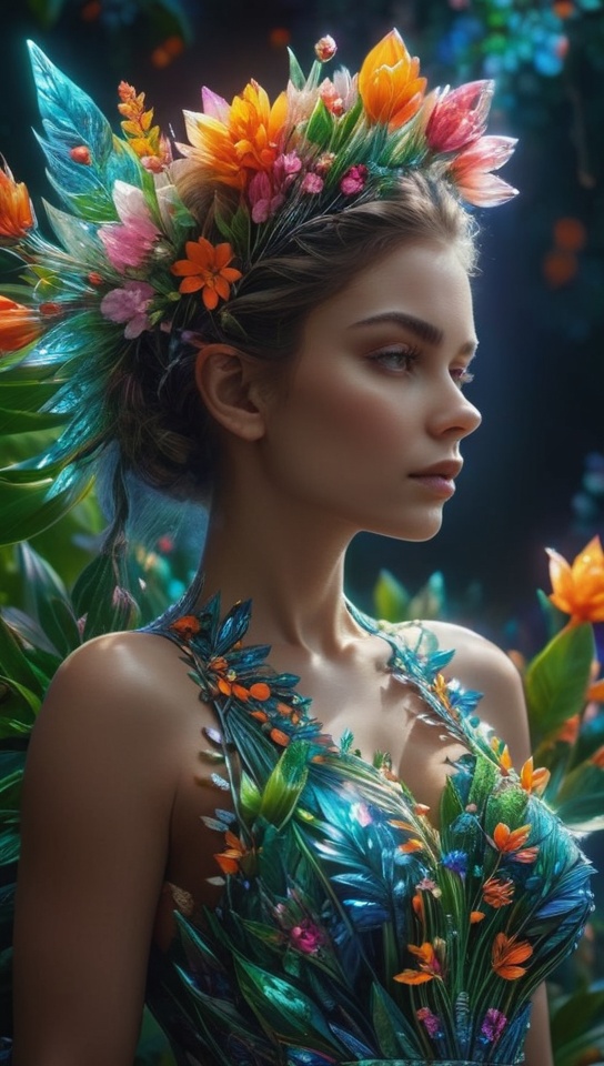 ((Girl cover hair body with plant and blossom)),  ,  extremely detailed on Tensor.Art