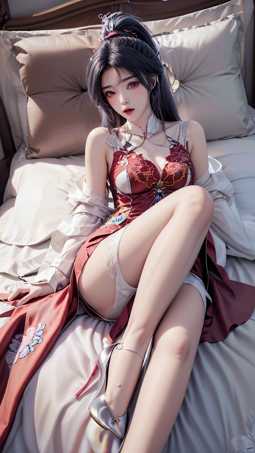 duotone white and red,1girl,dress,high heels,Embroidery,Long hair, ponytail,thigh, white hair,The wind blows, Lying in bed,looking at viewer
