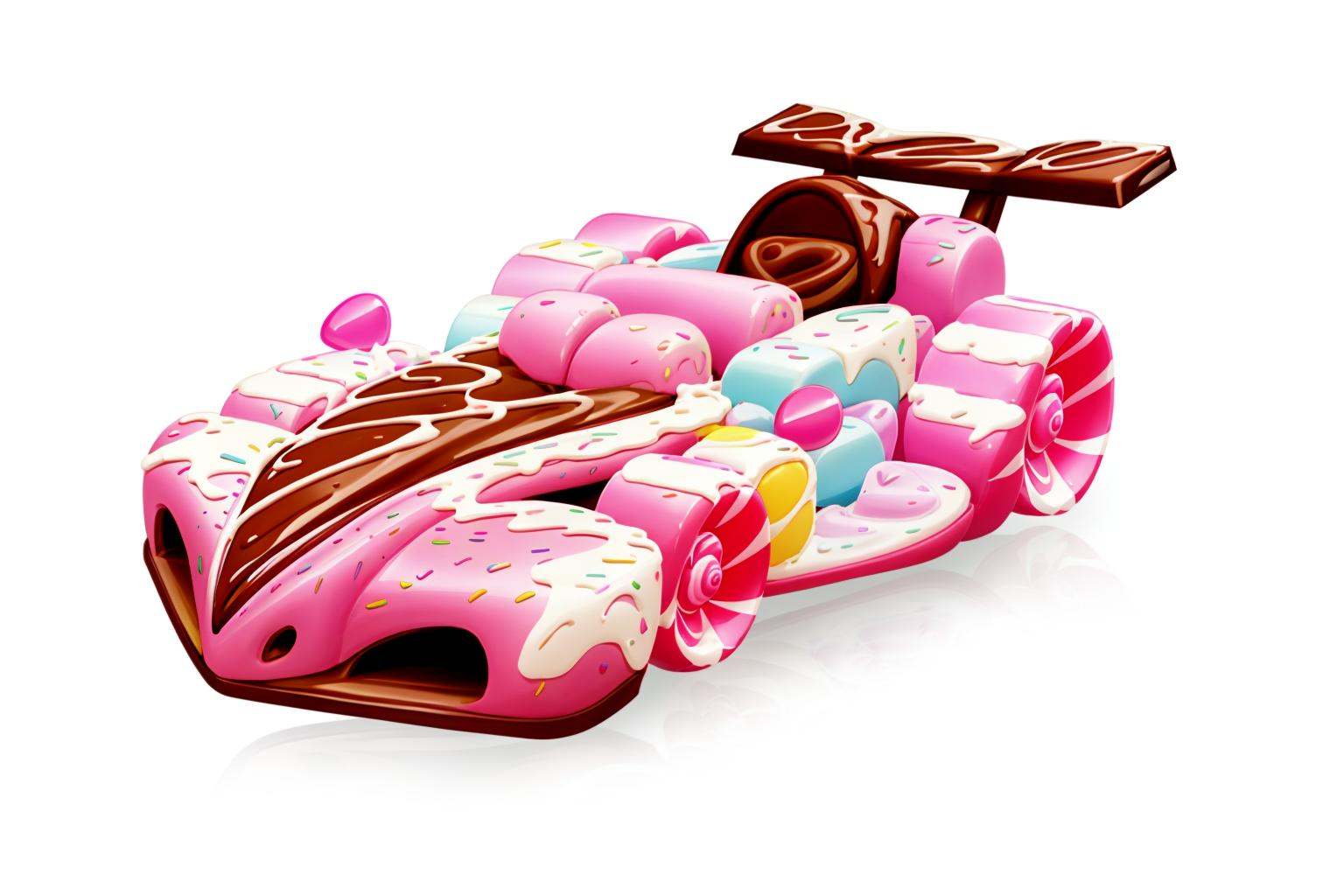 HEZI, QQ flying car design, cool styling, game racing design, chocolate, no humans, food, food focus, white background, candy, simple background, heart-shaped chocolate, sweets, doughnut, still life, valentine, heart, icing, shadow, cake, dessert, cream, chocolate bar, macaron, pastry, english text,<lora:qq﷿车设计-000003:0.7>,