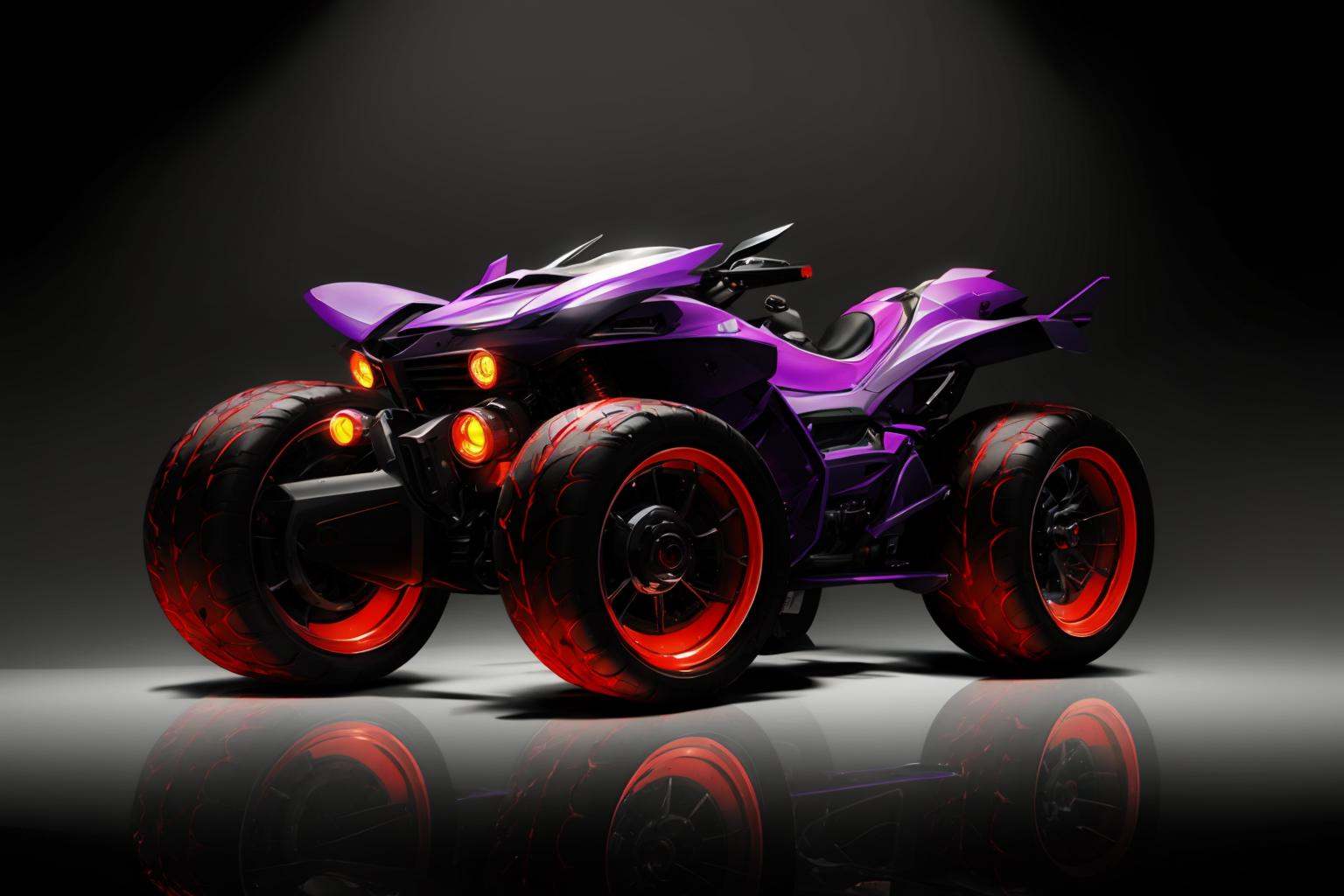 HEZI,QQ flying car design,cool styling,game racing design,no humans,wheel,motor vehicle,vehicle focus,ground vehicle,reflection,glowing,science fiction,gradient background,gradient,reflective floor,grey background,from side,military vehicle,artist name,black background,non-humanoid robot,purple eyes,robot,military,shadow,motorcycle,solo,<lora:qq﷿车设计-000003:0.7>,