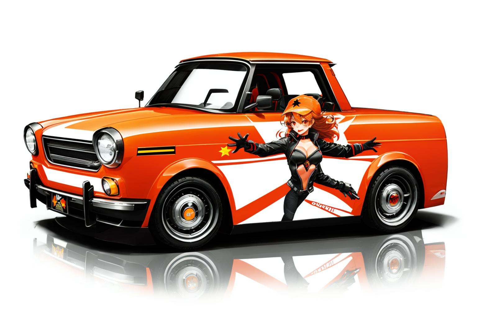 HEZI, QQ flying car design, cool styling, game racing design, vehicle focus, 1girl, ground vehicle, car, motor vehicle, gloves, sports car, breasts, fingerless gloves, solo, long hair, red eyes, cleavage, hat, orange hair, medium breasts, open mouth, red hair, black gloves, white background, cleavage cutout, jacket, looking to the side, smile, clothing cutout, orange eyes, star \(symbol\), open hand, skirt, outstretched arm, bodysuit, floating hair, large breasts, driving, simple background, baseball cap, bangs, choker, shadow<lora:qq﷿车设计-000003:0.7>,