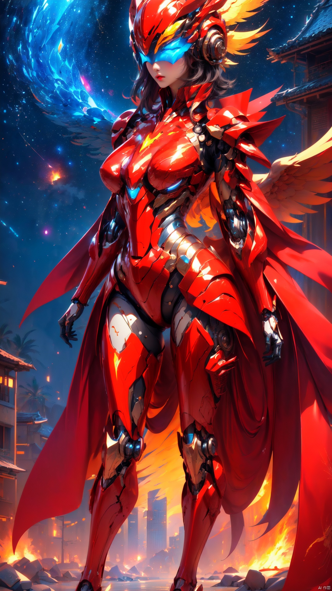  ((Charming Beauty, Mechanical Body), Cyberpunk Mech, (Phoenix Helmet), (Glass Sealed Mask), Oriental Beauty, Starry Sky Background, Detail Sculpture, Master, Full body Mech Reflective, Octane Rendering, Metallic Gloss, Fire Red Mech Armor, (Phoenix Embroidered Cloak), Fluorescent Liquid Flow, Metal Transparent Infusion Tube, (Masterpiece), Illustrations, Best Quality, Very Detailed CG, 8k Wallpaper, Extremely Exquisite and Beautiful, Game CG, (Full body Photo), Streamlined Good Figure, Slender Thighs, Cyber Shin, Sur Reality Realistic, (realistic style), solo, ultra detail, (telephoto lens), (ultra fine detail), (CG rendering), xihua