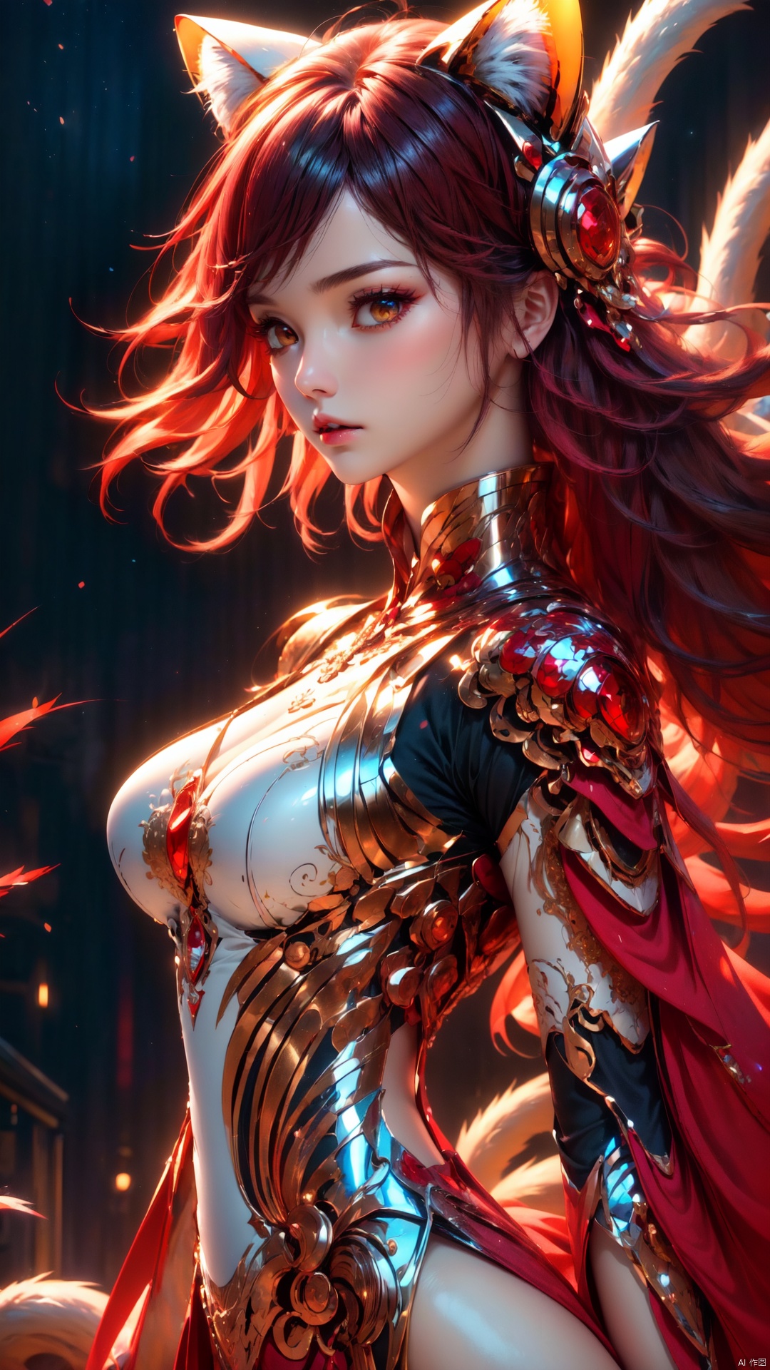 Masterpiece, Top CG rendering, Highest quality, Ultra-clear, Looking Up, (((Nine-tailed cat Spirit))), Long pink hair, Delicate cat ears, Smooth hair, Delicate features, Clear face, Clear eyes, long eyelashes, clear pupils, true lips, light makeup, hot body,  ruddy skin, full breasts, sexy legs. (((The elegant ornate Han dress))), ((The embroidered lace shirt is fairy-like)), lifelike, (((Nine long white-dark cat tails)), close-up, the moon, rendered to a perfect, lifelike, true texture, Realistic photos, cinematography, high quality, studio lighting, top lighting, side backlight, backlight, telephoto, depth depth of field, large depth of field, ultra-clear, 8k quality