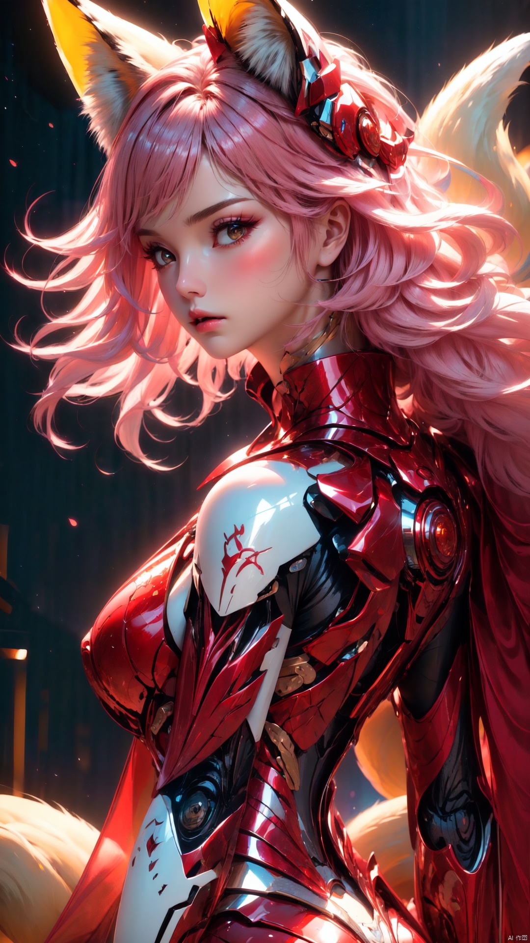 Master masterpiece, top CG rendering, studio quality, highest picture quality, ultra clear, look up, (((nine-tail Fox))), long pink hair, delicate fox ears, soft hair, delicate features, clear face, ((blushingly red face)), clear eyes, long eyelashes, clear pupils, real lips with shine, light makeup, hot body, Sexy, ruddy skin, plump breasts, sexy long legs, ((glossy silky dress all over)), (sculpted silk dress moist and glossy)), realistic, (((nine long pink fox tails)), recent, moon, rendered to perfection, realistic, true textures, true photos, cinematography, high quality, studio lighting, Top light, side backlight, backlight, telephoto, Depth of field, large depth of field, ultra sharp, 8k quality, ultra fine comics, fine lines
