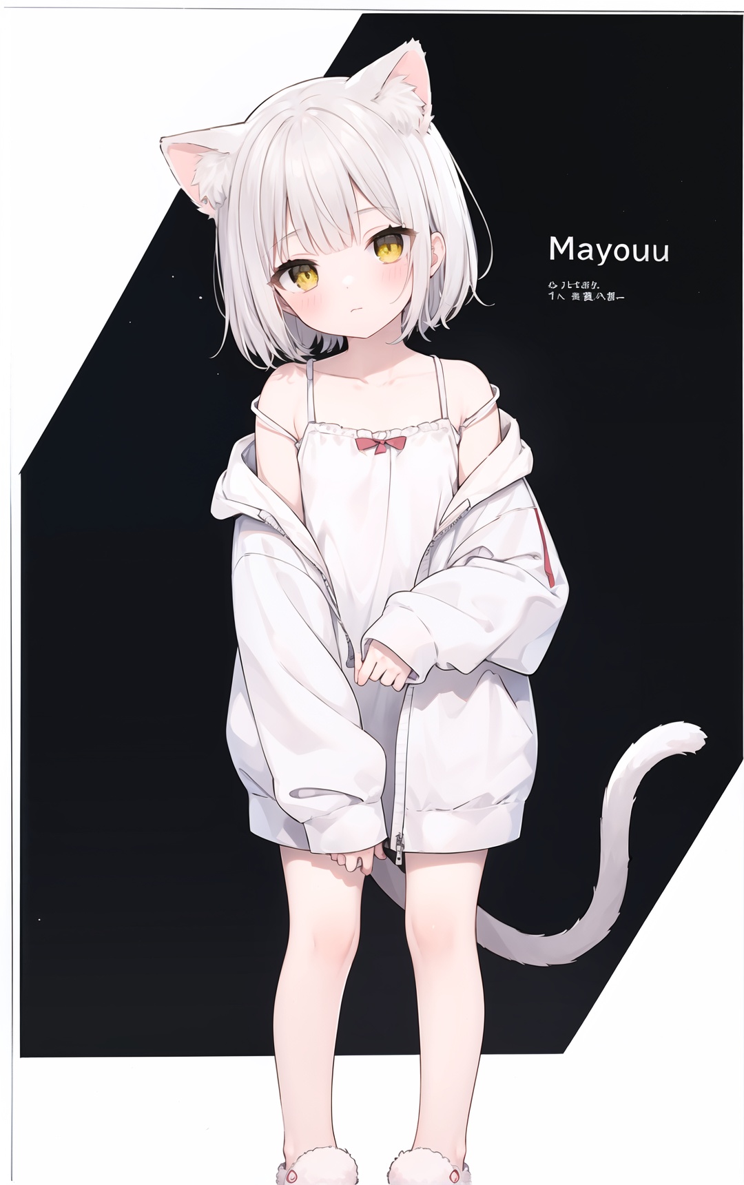 artist Mafuyu, 1girl, animal ears, tail, solo, yellow eyes, white background, slippers, simple background, off shoulder, full body, camisole, blush, grey hair, short hair, standing, bare shoulders, bangs, animal ear fluff, collarbone, sleeves past wrists, closed mouth, twitter username, hood, cat ears, sleeves past fingers, white footwear, long sleeves, cat tail, white jacket, cat girl, hoodie, looking at viewer, jacket