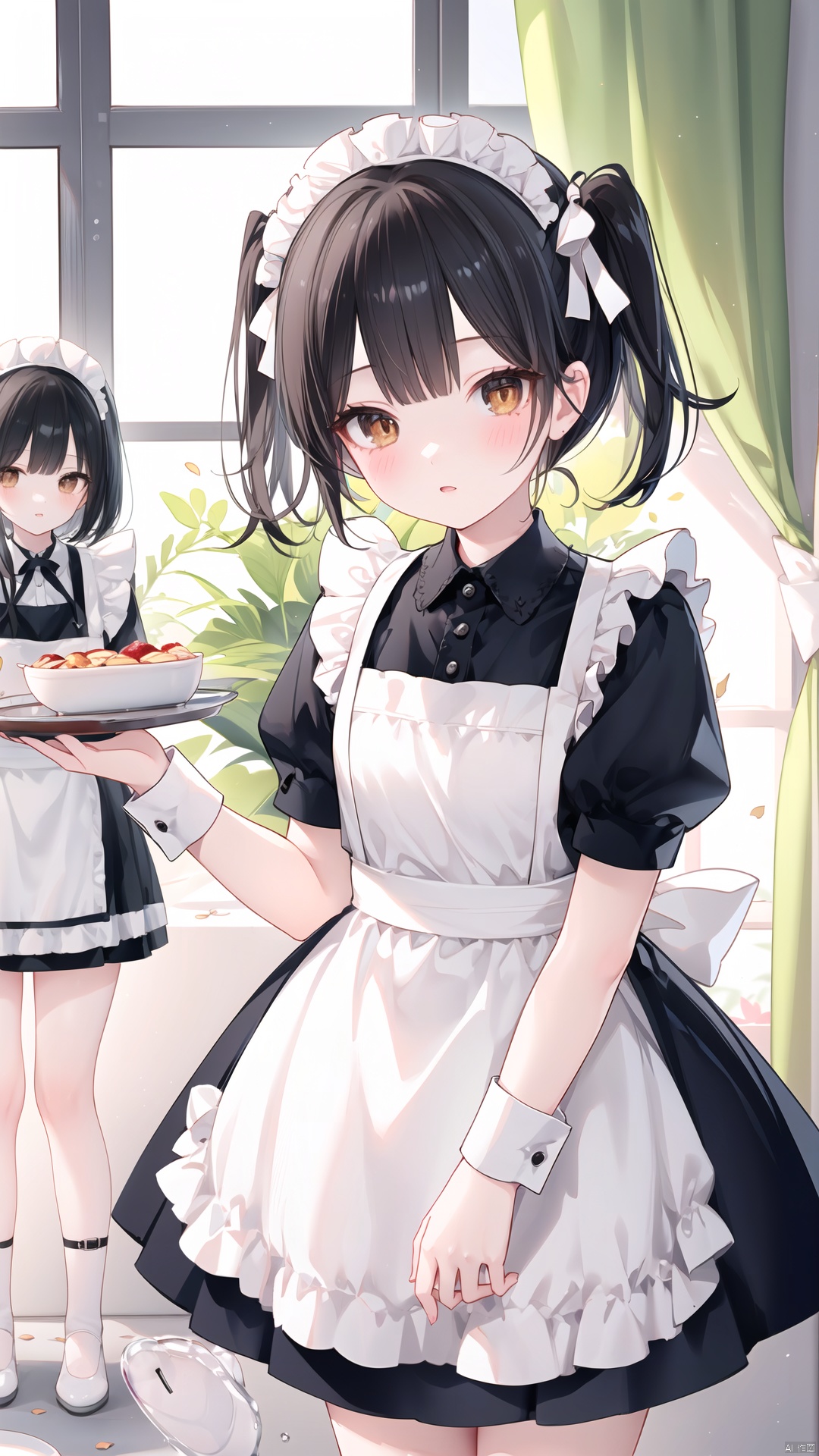 maid headdress, black hair, tray, holding tray, blush, blurry, solo focus, blurry background, short sleeves, maid, indoors, holding, black dress, dress, depth of field, puffy sleeves, parted lips, puffy short sleeves, looking at viewer, window, wrist cuffs, bangs, apron, multiple girls, brown eyes, long hair, waitress, light particles, white apron, 3girls, curtains, sunlight, two side up