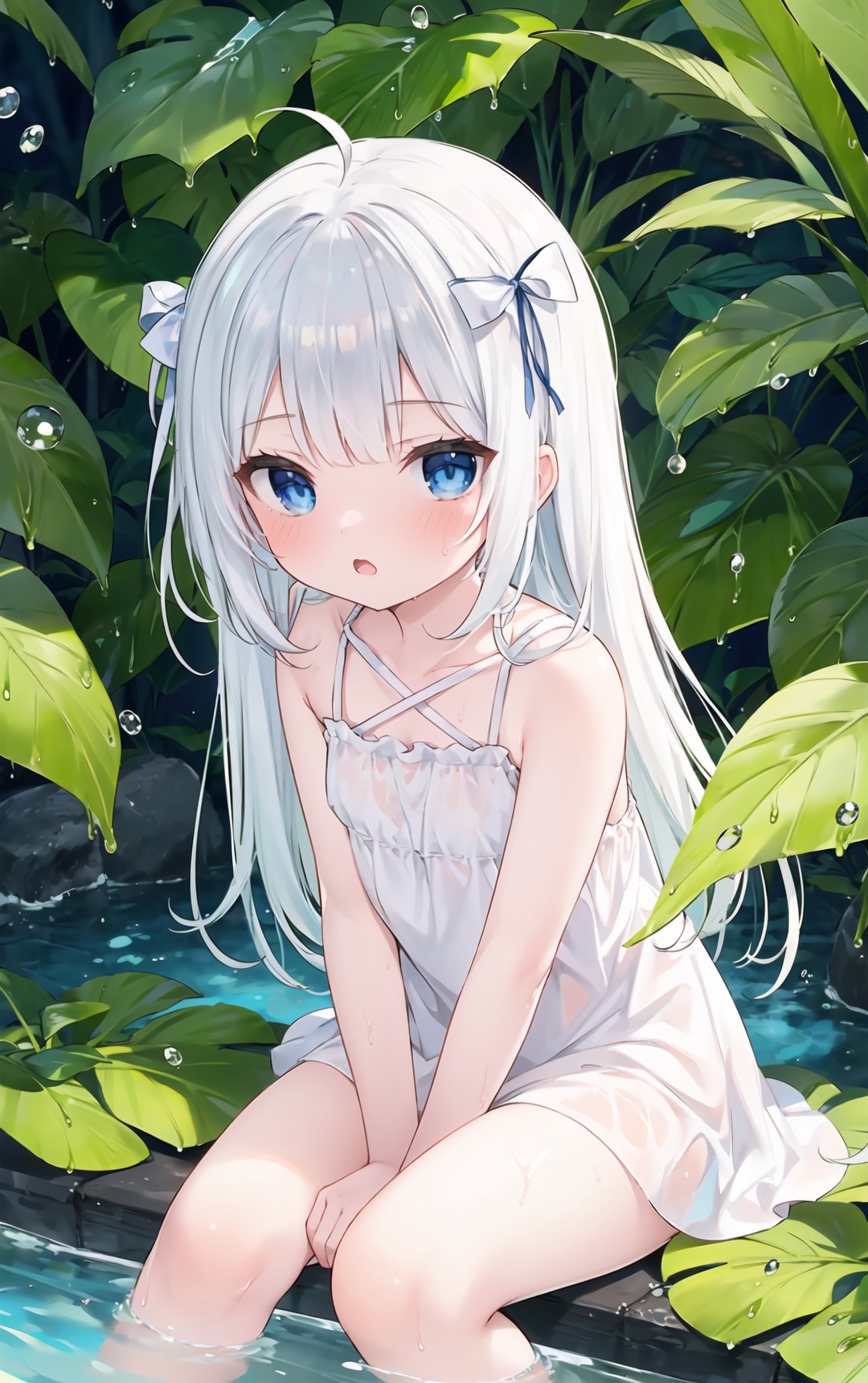 1girl, solo, dress, looking at viewer, long hair,sleeveless, leaf, bare shoulders, white dress, sleeveless dress, blue eyes, blue ribbon,closed mouth, collarbone, ((sitting on a big leaf)), white ribbon, upper body, shiny, shiny hair, hair ribbon, simple background, blush, halterneck, (water drop),ahoge,full body,mid shot,((wet clothing)),((cute loli)),(cute anime face), (blushing,:o)