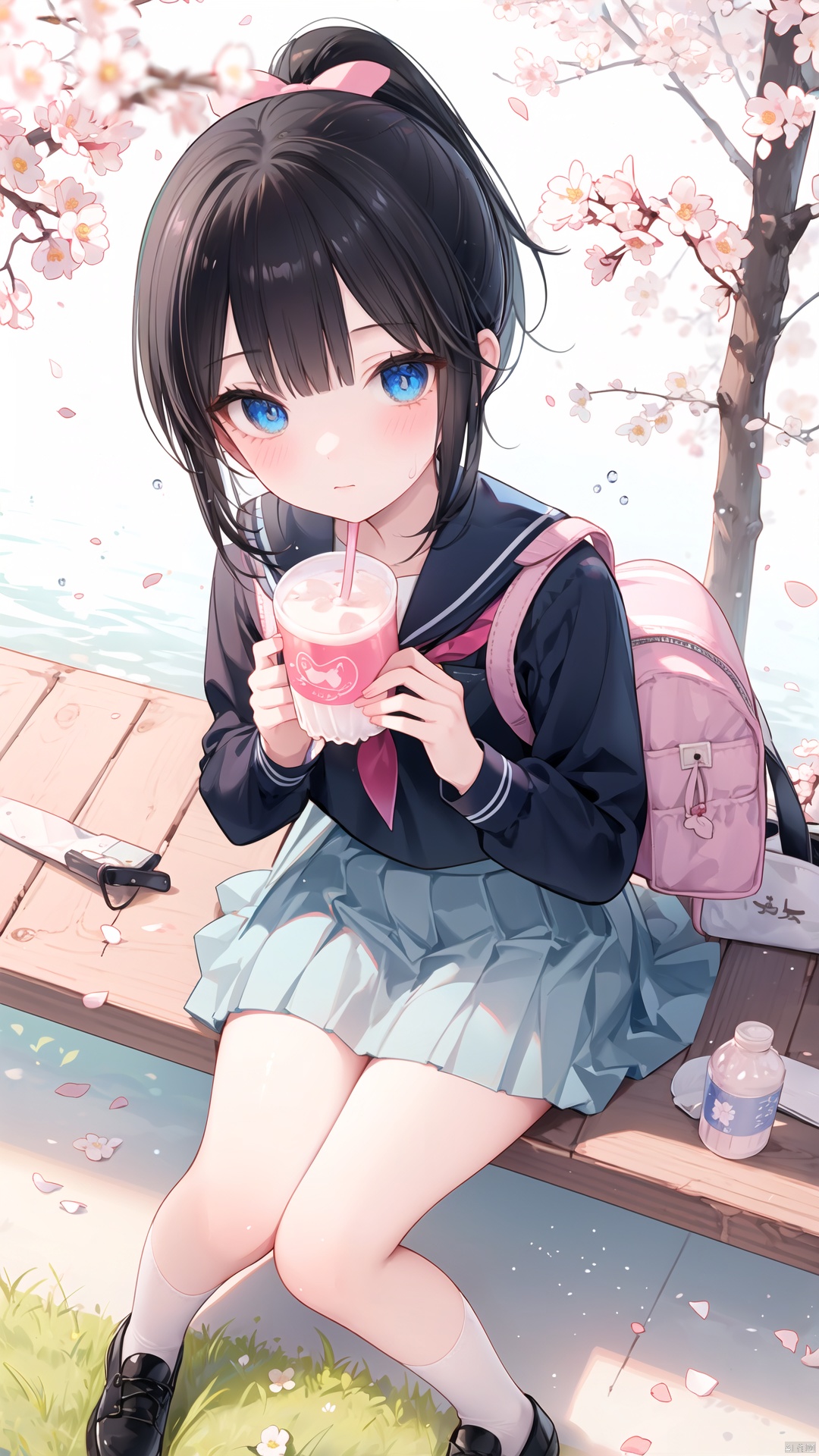 , black hair, 1girl, umbrella, school uniform, blue eyes, solo, ponytail, sitting, bottle, cat, bag, skirt, blush, cherry blossoms, looking at viewer, shoes, serafuku, ribbon, drinking, depth of field, petals, from above, school bag