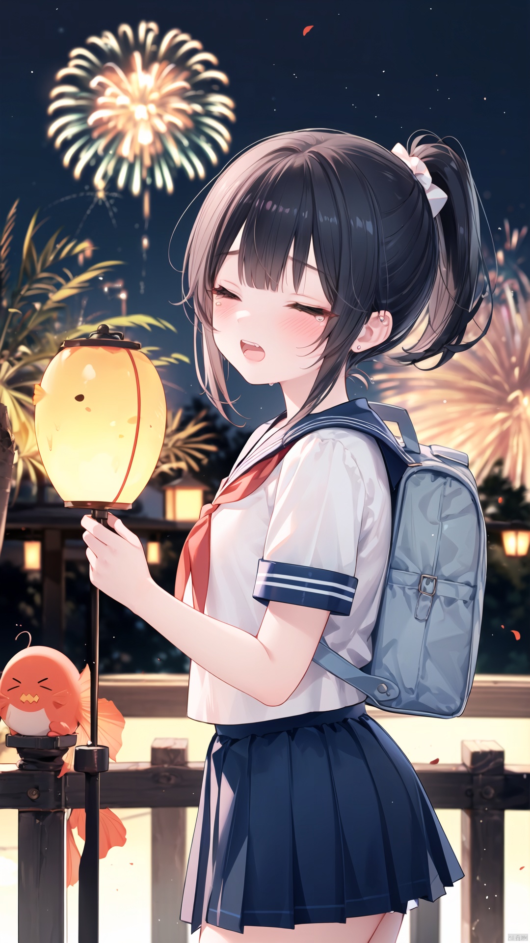  1girl, fireworks, school uniform, solo, crying, bag, serafuku, fish, skirt, outdoors, tears, goldfish, closed eyes, teeth, red neckerchief, sky, night, ponytail, black hair, blurry, blue skirt, short sleeves, neckerchief, depth of field, bagged fish, pleated skirt, shirt, blush, tree, white shirt, lantern, long hair, cloud, railing, from side, charm (object), sunset, sailor collar, aerial fireworks, school bag, bangs, open mouth, standing, clenched teeth