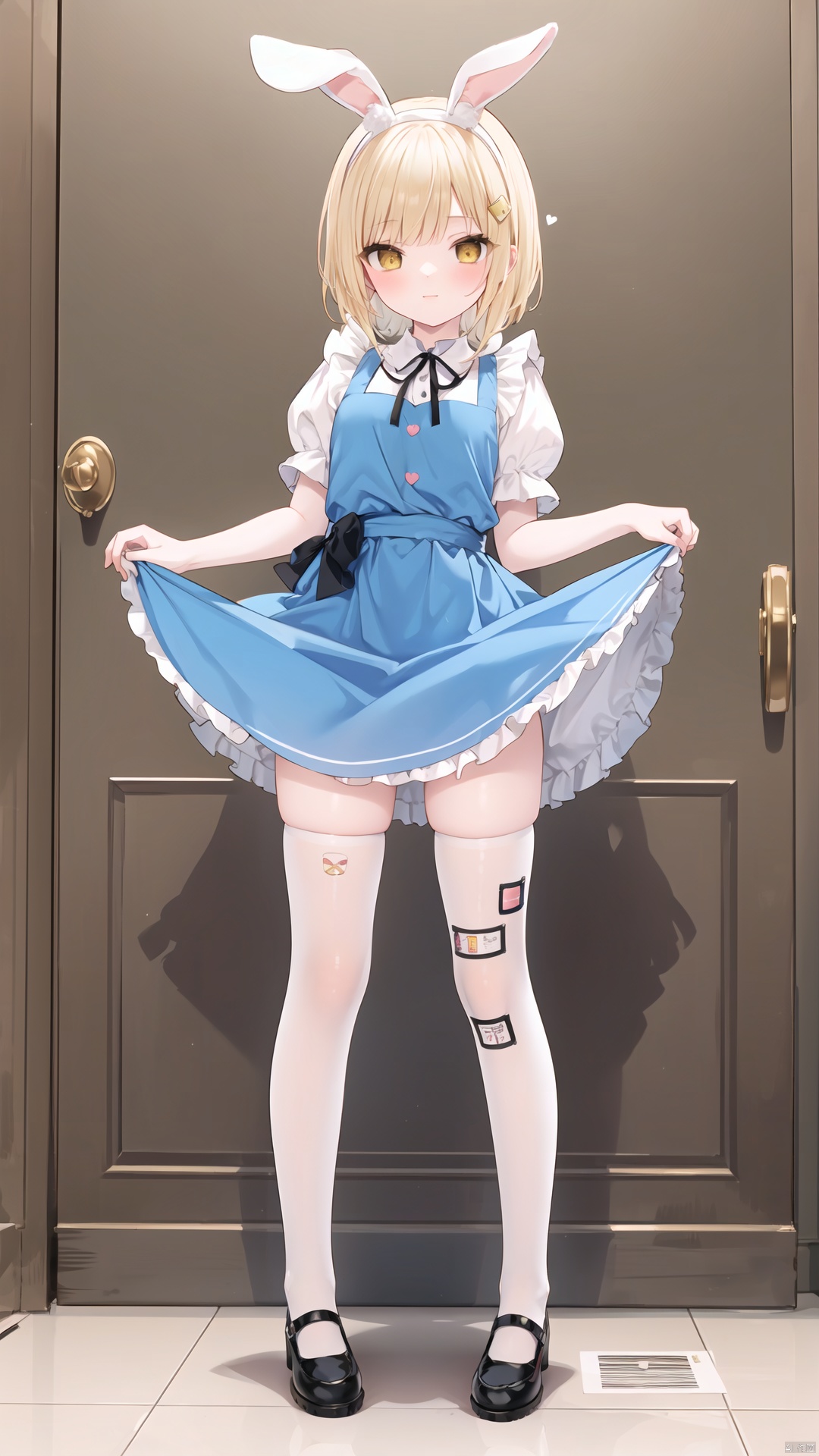 1girl, oshino shinobu, blonde hair, long hair, yellow eyes, solo, dress, blush stickers, cosplay, clothes lift, alice (alice in wonderland) (cosplay), bandaid, dress lift, mary janes, shoes, animal ears, thighhighs, rabbit ears, bandaid on leg, squiggle, bandaid on knee, apron, hairband, striped, alice (alice in wonderland)