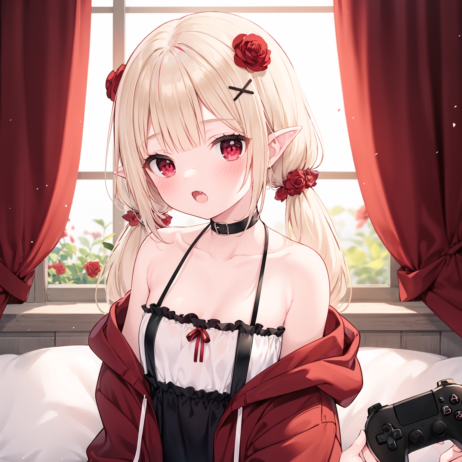 1girl,hair ornament,solo,red eyes,multicolored hair,long hair,holding,pointy ears,red hair,strap slip,red flower,jacket,hairclip,low twintails,twintails,game controller,red rose,rose,blurry,controller,open jacket,flower,blurry background,looking at viewer,streaked hair,bangs,off shoulder,blush,open clothes,depth of field,collarbone,red jacket,fang,x hair ornament,bare shoulders,dress,black dress,very long hair,long sleeves,hair flower,hooded jacket,hood,hood down,open mouth,sleeveless dress,curtains,drawstring,camisole,small breasts,breasts,blonde hair,sleeveless,:o,