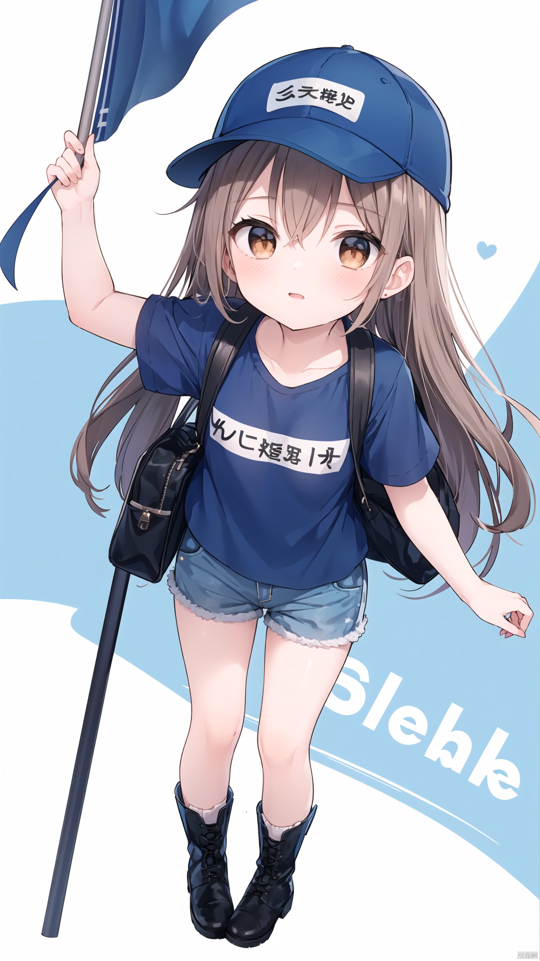  1girl, platelet (hataraku saibou), solo, hat, long hair, brown eyes, brown hair, shirt, blue shirt, looking at viewer, flat cap, boots, flag, white background, blush, short sleeves, simple background, bag, holding, black footwear, hair between eyes, holding flag, shorts, white headwear, shoulder bag, parted lips, bangs, from above, clothes writing, character name, very long hair, full body, collarbone