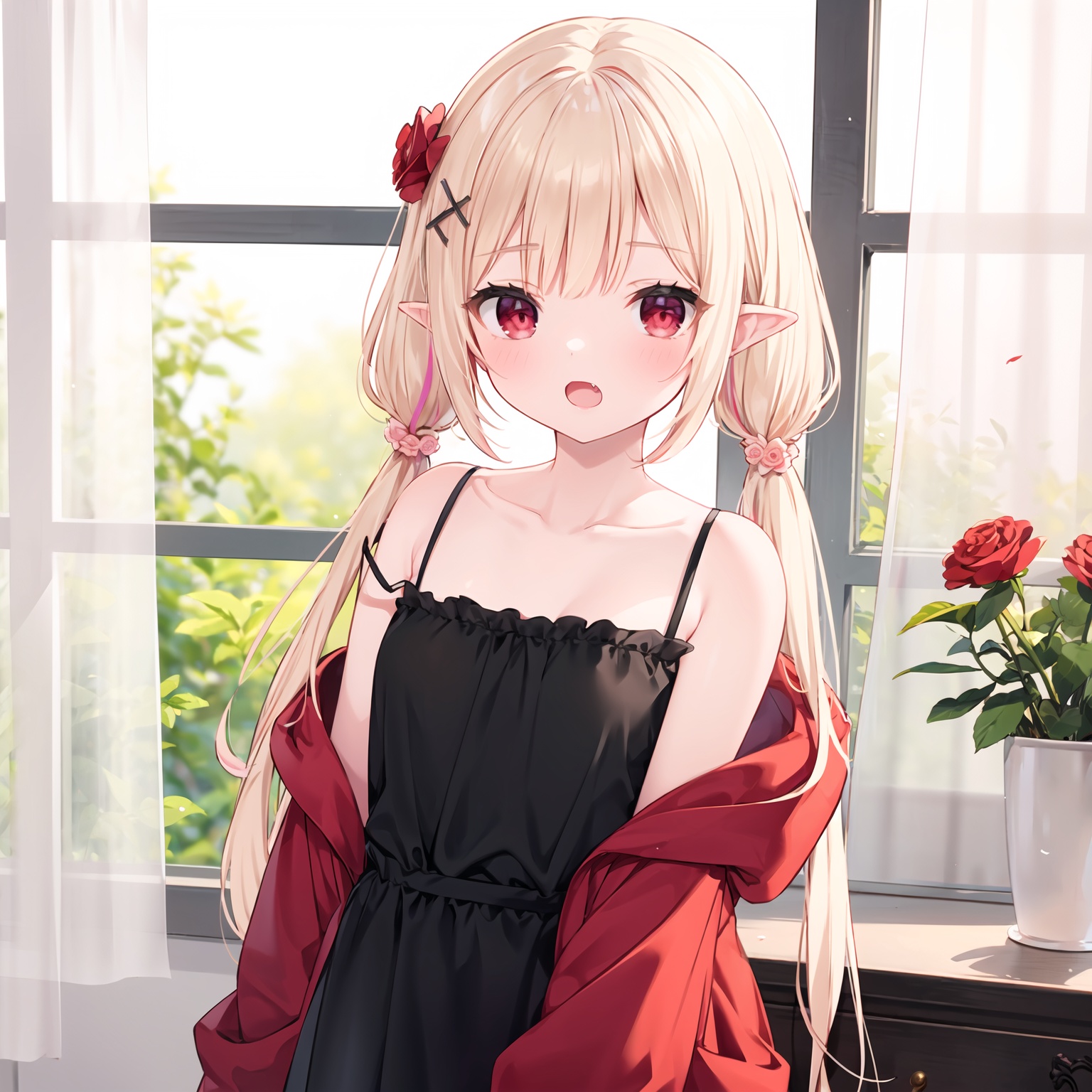 1girl,hair ornament,solo,red eyes,multicolored hair,long hair,holding,pointy ears,red hair,strap slip,red flower,jacket,hairclip,low twintails,twintails,game controller,red rose,rose,blurry,controller,open jacket,flower,blurry background,looking at viewer,streaked hair,bangs,off shoulder,blush,open clothes,depth of field,collarbone,red jacket,fang,x hair ornament,bare shoulders,dress,black dress,very long hair,long sleeves,hair flower,hooded jacket,hood,hood down,open mouth,sleeveless dress,curtains,drawstring,camisole,small breasts,breasts,blonde hair,sleeveless,:o,