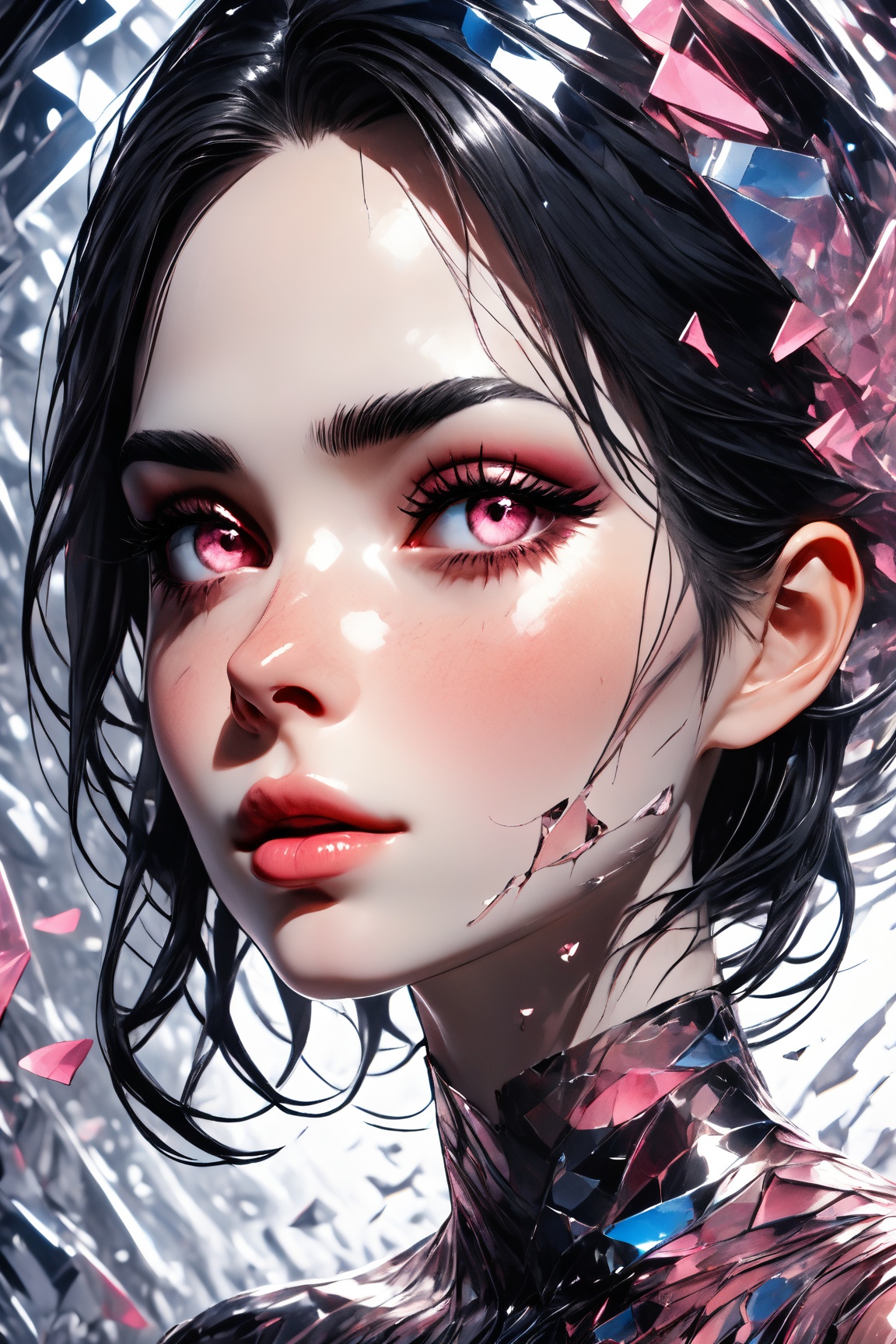 Utra,  1girl in a silk dress made of glass shards,  thin delicate lips smirking with a closed mouth on Tensor.Art