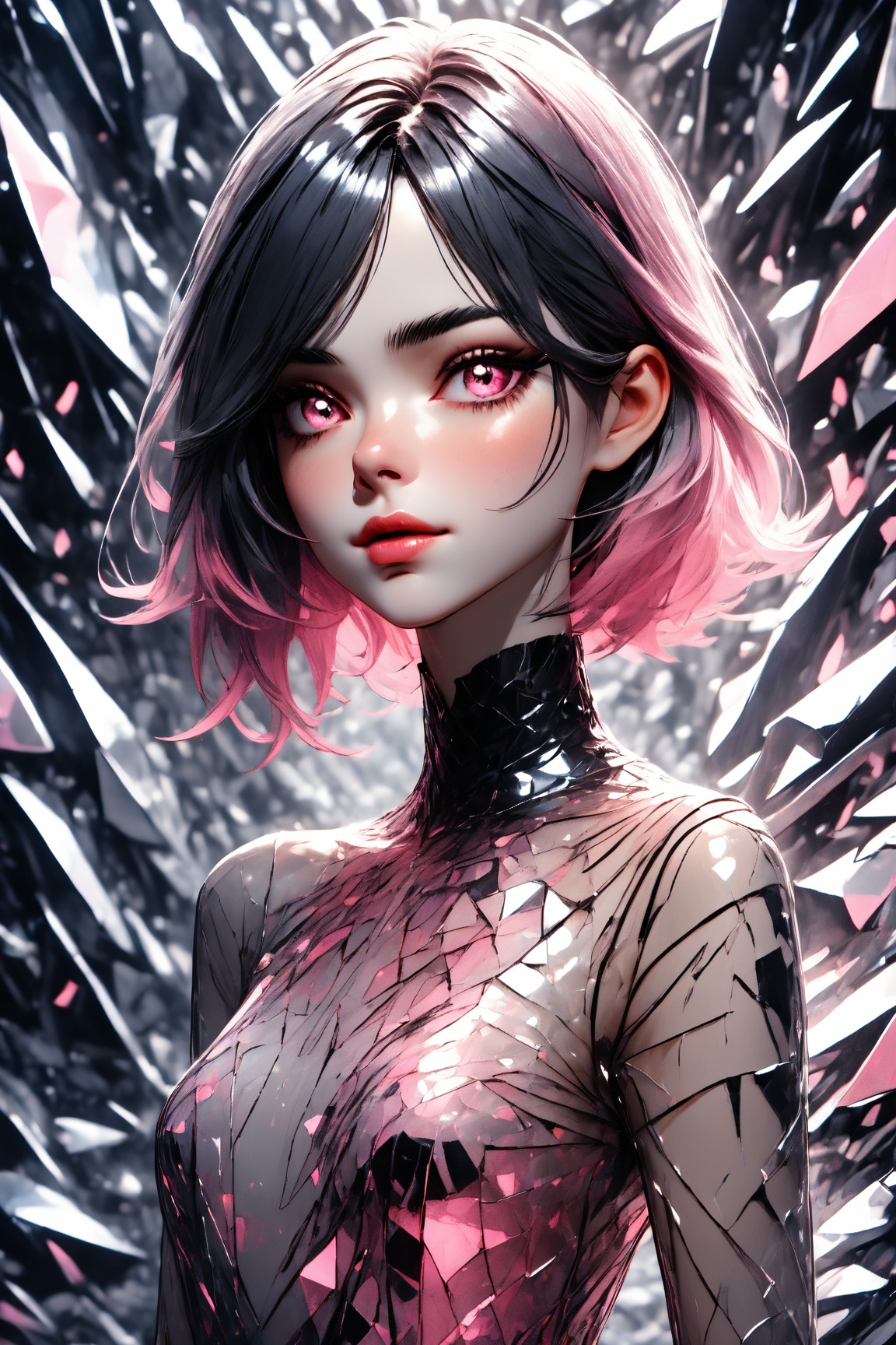 Utra,  1girl in a silk dress made of glass shards,  thin delicate lips smirking with a closed mouth on Tensor.Art